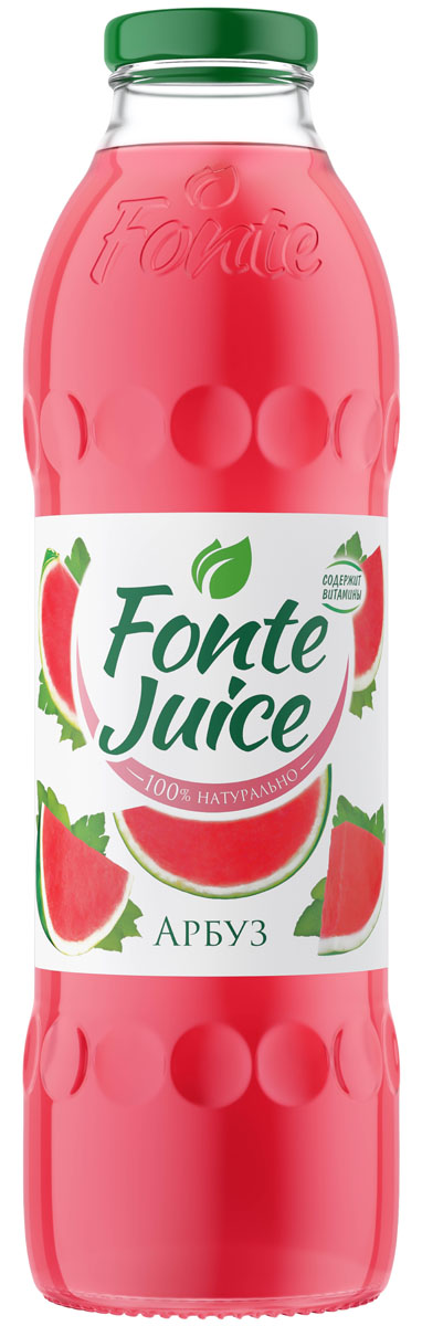 Fonte juice Нектар из арбуза, 0,75 л4607050697202 Fonte juice Нектар из арбуза, 0,75 л4607050697202100% натуральный Fonte Juice обогащён комплексом витаминов С, В3,В5 и В6, которые способствуют повышению иммунитета. Новый арбузный вкус создан, чтобы напоминать о жарком лете и дарить ощущение приятной прохлады. Fonte Juice Арбуз – любовь с первого глотка.Рекомендовано к употреблению с 5 лет.