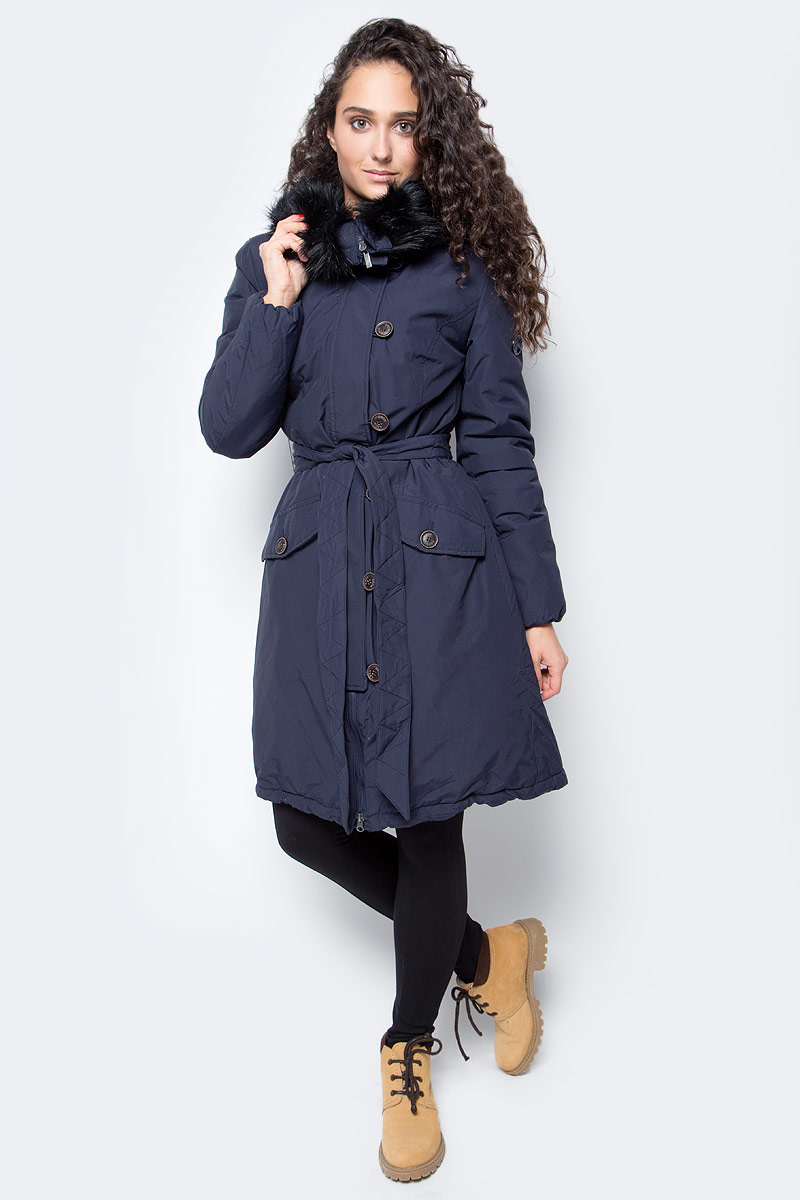 Куртка женская Baon, цвет: синий. B037519_Dark Navy. Размер XXL (52)B037519_Dark Navy Куртка женская Baon, цвет: синий. B037519_Dark Navy. Размер XXL (52)B037519_Dark NavyЖенская куртка от Baon выполнена из плотного хлопкового текстиля на синтепоновом утеплителе. Модель приталенного кроя застегивается на молнию и дополнительно имеет планку на пуговицах, на талии дополнена поясом. Куртка дополнена боковыми карманами с клапанами на пуговицах. Капюшон с внутренней стороны оторочен мехом и дополнен молнией, расстегнув которую он становится воротником.