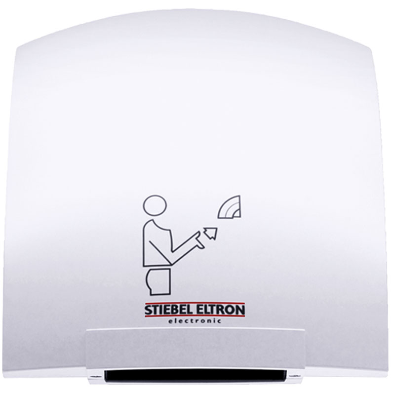 Stiebel Eltron HTE 4 сушилка для рук30059 Stiebel Eltron HTE 4 сушилка для рук30059Stiebel Eltron НТЕ 4 представляет собой сушилку настенного крепления с сенсорным инфракрасным датчиком включения, реагирующим на приближение рук, на определенное расстояние (6-12 сантиметров от выпускной решетки). Среднее время высушивания составляет 25 секунд. По истечении трех секунд с момента удаления рук из зоны сушки, прибор выключается. Специально спроектированная форма исключает размещение различных предметов на верхней части корпуса. Прибор разработан для установки и функционирования в многолюдных местах, производственных и бытовых помещениях, аэропортах, вокзалах, точках общественного питания. Конструкция аппарата имеет пластиковый держатель для установки патронов с ароматизаторами воздуха. Работа аппарата практически бесшумна, и достаточно экономична.Сушилка для рук Stiebel Eltron НТЕ 4 выполнена в эргономичном пластиковом корпусе, надежно защищающим устройство от внешних воздействий, и допускающим без риска устанавливать прибор там, где для других устройств высока вероятность повреждений. Белое эмалевое покрытие устойчиво к ультрафиолетовым лучам, легко очищаемо и позволит гармонично вписать прибор в интерьер помещений. Благодаря инфракрасным датчикам, позволяющим включать сушилку бесконтактным способом, механические нагрузки на решетки воздуховода и сам корпус практически исключены, что значительно продлевает срок эксплуатации.Во время работы, температура воздуха сушилки Stiebel Eltron НТЕ 4 на выходе достигает 90 градусов Цельсия. Для исключения перегрева, опасность которого может возникнуть в случае перекрытия выходных отверстий решетки, прибор оборудован температурным датчиком, автоматически отключающим нагревательный элемент. Встроенный вентилятор в свою очередь продолжает работу, охлаждая внутренние элементы прибора. Повторное включение режима нагрева происходит также в автоматическом режиме, спустя одну-две минуты.Надежные инфракрасные сенсоры прибора, рассчитанные на 10 000 000 включений, оборудованы внутренней защитой, отключающей прибор при длительном перекрытии сенсора (как правило, более 3 секунд), предотвращая нежелательную эксплуатацию в непрерывном режиме и оберегая тем самым двигатель от перегрева. Корпус прибора имеет усиленную двойную изоляцию, что разрешает использование в электрической сети без дополнительного заземления.Сертификация по классу защиты - IP 23. Первая цифра 2 соответствует защите оболочки от случайного касания пальцами опасных частей оборудования. Кодовое число - 3, обозначающее водозащиту допускает попадание водяных капель, попадающих на корпус под углом 60 градусов. Исходя из вышеперечисленных допусков, сушилку, возможно, устанавливать в непосредственной близости с точками водораздачи – раковинами, умывальниками, душем.