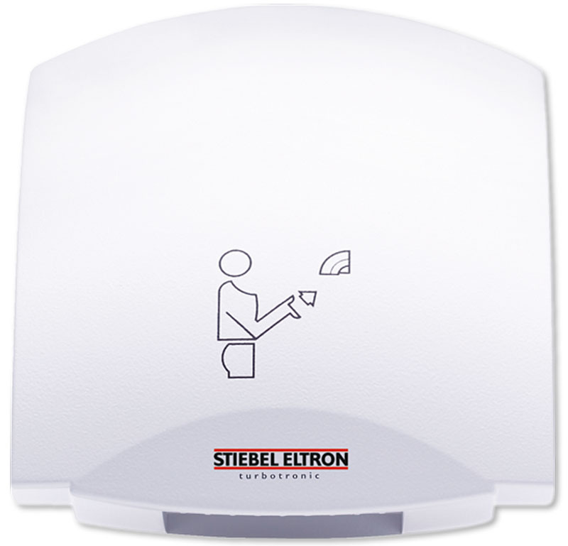 Stiebel Eltron HTE 5 сушилка для рук30060 Stiebel Eltron HTE 5 сушилка для рук30060Stiebel Eltron НТЕ 5 представляет собой сушилку настенного крепления с сенсорным инфракрасным датчиком включения, реагирующим на приближение рук, на определенное расстояние (6-12 сантиметров от выпускной решетки). Среднее время высушивания составляет 20 секунд. По истечении трех секунд с момента удаления рук из зоны сушки, прибор выключается. Прибор разработан для установки и функционирования в многолюдных местах, производственных и бытовых помещениях, аэропортах, вокзалах, точках общественного питания. Конструкция аппарата имеет пластиковый держатель для установки патронов с ароматизаторами воздуха. Работа аппарата практически бесшумна, и достаточно экономична.Сушилка для рук Stiebel Eltron НТЕ 5 выполнена в эргономичном литом алюминиевом антивандальном корпусе, надежно защищающим устройство от внешних воздействий, и допускающим без риска устанавливать прибор там, где для других устройств высока вероятность повреждений. Белое эмалевое покрытие устойчиво к ультрафиолетовым лучам, легко очищаемо и позволит гармонично вписать прибор в интерьер помещений. Благодаря инфракрасным датчикам, позволяющим включать сушилку бесконтактным способом, механические нагрузки на решетки воздуховода и сам корпус практически исключены, что значительно продлевает срок эксплуатации.Во время работы температура воздуха сушилки Stiebel Eltron НТЕ 5 на выходе достигает 90 градусов Цельсия. Для исключения перегрева, опасность которого может возникнуть в случае перекрытия выходных отверстий решетки, прибор оборудован температурным датчиком, автоматически отключающим нагревательный элемент. Встроенный вентилятор в свою очередь продолжает работу, охлаждая внутренние элементы прибора. Повторное включение режима нагрева происходит также в автоматическом режиме, спустя одну-две минуты.Надежные инфракрасные сенсоры прибора, рассчитанные на 10 000 000 включений, оборудованы внутренней защитой, отключающей прибор при длительном перекрытии сенсора (как правило, более 3 секунд), предотвращая нежелательную эксплуатацию в непрерывном режиме и оберегая тем самым двигатель от перегрева. Корпус прибора имеет усиленную двойную изоляцию, что разрешает использование в электрической сети без дополнительного заземления.Сертификация по классу защиты - IP 23. Первая цифра 2 соответствует защите оболочки от случайного касания пальцами опасных частей оборудования. Кодовое число - 3, обозначающее водозащиту допускает попадание водяных капель, попадающих на корпус под углом 60 градусов. Исходя из вышеперечисленных допусков, сушилку, возможно, устанавливать в непосредственной близости с точками водораздачи – раковинами, умывальниками, душем.