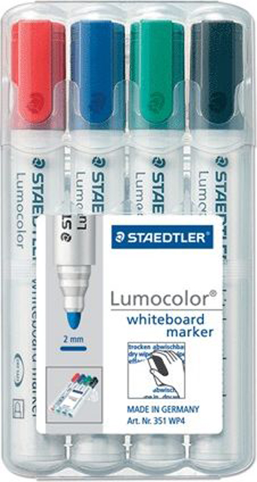Staedtler Набор маркеров для доски Lumocolor 4 цвета 351 WP4150691 Staedtler Набор маркеров для доски Lumocolor 4 цвета 351 WP4150691Высококачественные маркеры для белой магнитно-маркерной доски. Не высыхают с открытым колпачком в течение нескольких дней. Чернила легко стираются с доски стирателем для магнитно-маркерной доски. Даже при сильном нажатии пишущий узел остается на месте.
