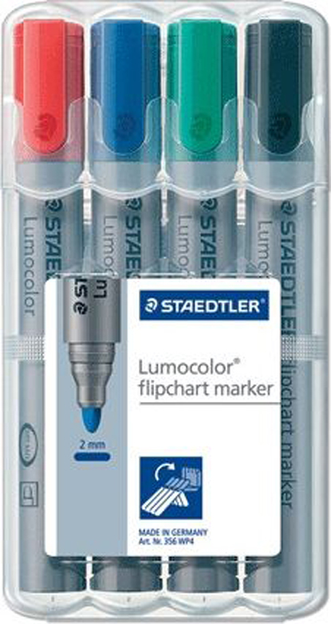 Staedtler Набор маркеров для флипчарта Lumocolor 4 цвета150692 Staedtler Набор маркеров для флипчарта Lumocolor 4 цвета150692Чернила на водной основе с нейтральным запахом не пропитывают бумагу поэтому не пачкают нижележащие листы. Главным образом применяются для письма на бумажных блоках для флипчартов и других листах бумаги, используются для проведения презентаций.