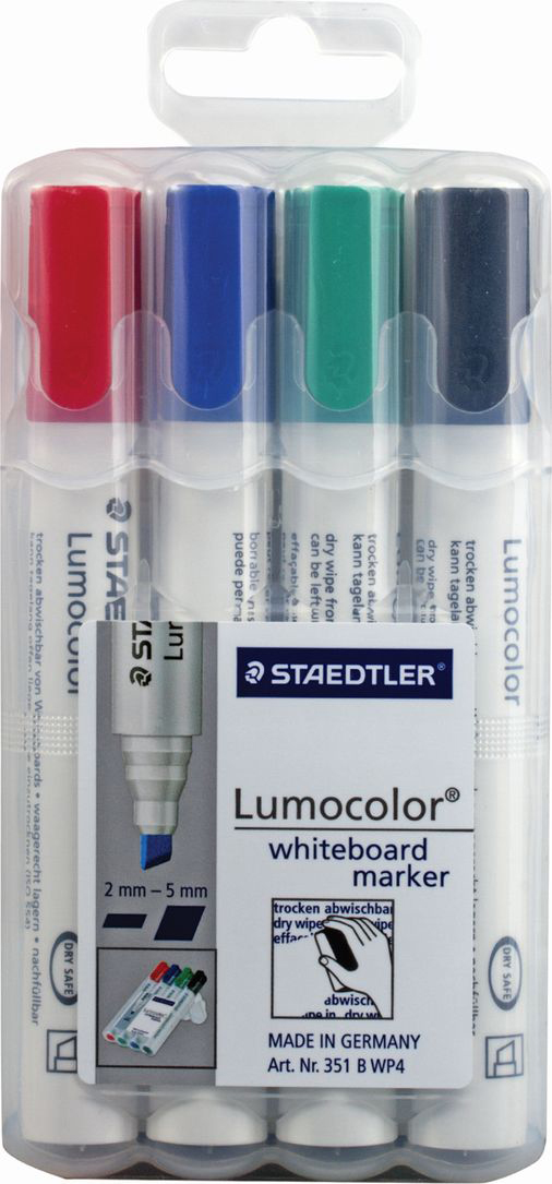 Staedtler Набор маркеров для доски Lumocolor 4 цвета 351 B WP4151008 Staedtler Набор маркеров для доски Lumocolor 4 цвета 351 B WP4151008Высококачественные маркеры для белой магнитно-маркерной доски. Не высыхают с открытым колпачком в течение нескольких дней. Чернила легко стираются с доски стирателем для магнитно-маркерной доски. Даже при сильном нажатии пишущий узел остается на месте.