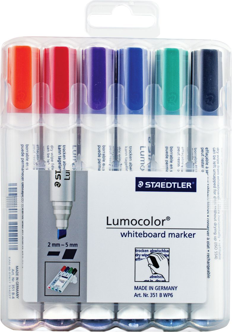 Staedtler Набор маркеров для доски Lumocolor 6 цветов 351 B WP6151009 Staedtler Набор маркеров для доски Lumocolor 6 цветов 351 B WP6151009Высококачественные маркеры для белой магнитно-маркерной доски. Не высыхают с открытым колпачком в течение нескольких дней. Чернила легко стираются с доски стирателем для магнитно-маркерной доски. Даже при сильном нажатии пишущий узел остается на месте.