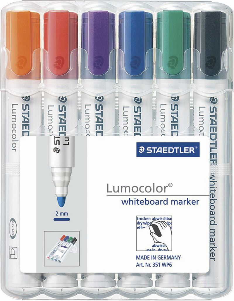 Staedtler Набор маркеров для доски Lumocolor 6 цветов 351 WP6151011 Staedtler Набор маркеров для доски Lumocolor 6 цветов 351 WP6151011Высококачественные маркеры для белой магнитно-маркерной доски. Не высыхают с открытым колпачком в течение нескольких дней. Чернила легко стираются с доски стирателем для магнитно-маркерной доски. Даже при сильном нажатии пишущий узел остается на месте.