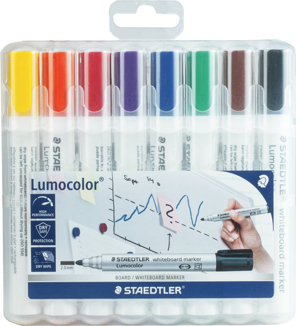 Staedtler Набор маркеров для доски Lumocolor 8 цветов 351 WP8151046 Staedtler Набор маркеров для доски Lumocolor 8 цветов 351 WP8151046Высококачественные маркеры для белой магнитно-маркерной доски. Не высыхают с открытым колпачком в течение нескольких дней. Чернила легко стираются с доски стирателем для магнитно-маркерной доски. Даже при сильном нажатии пишущий узел остается на месте.
