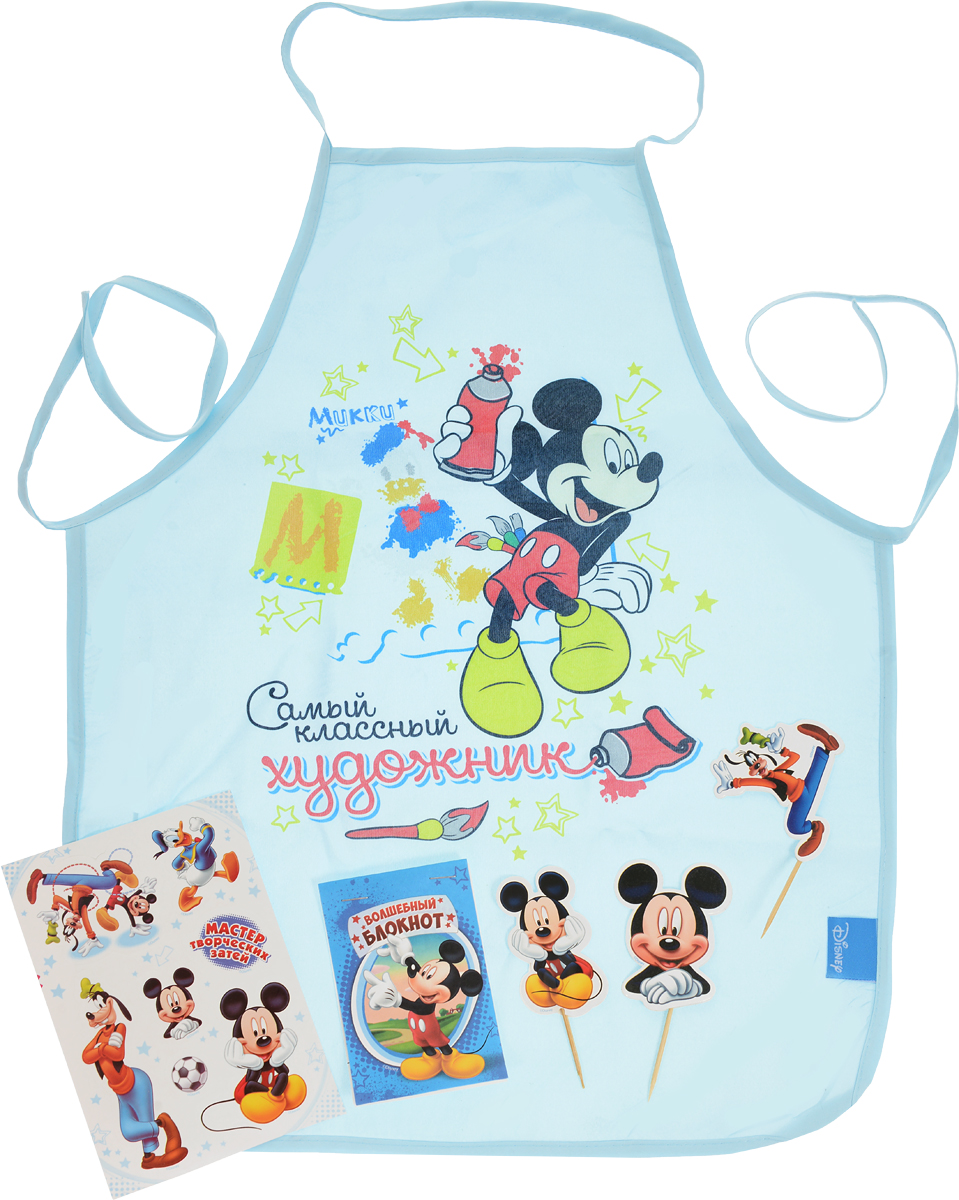 Disney Фартук детский Микки Маус Художник1243987 Disney Фартук детский Микки Маус Художник1243987Яркий, красочный фартук Disney Микки Маус. Художникпоможет вашему маленькому творце не испачкаться во время домашних хлопот, на уроках труда или изобразительного искусства, а очаровательный Микки Маус будет радовать его во время занятий. Текстильный фартук имеет удобный покрой, позволяющий ребенку самостоятельно его надевать и снимать. Тонкие тесемочки легко завязываются вокруг талии и шеи. Завязки на шее регулируются по длине.В комплект также входят забавные фигурки на деревянные ножках, лист с наклейками и блокнот Оживи героев.Фартук упакован в красочную картонную коробочку с полями для имени адресата и добрых пожеланий!