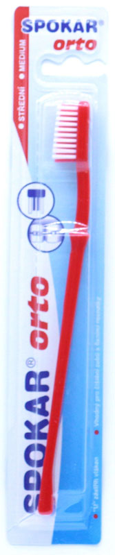 Spokar Orto Medium oртодонтическая зубная щетка, цвет красный3412с Spokar Orto Medium oртодонтическая зубная щетка, цвет красный3412сОртодонтическая зубная щетка Spokar Orto Medium с U образным вырезом, средней жесткости. Предназначена для очистки зубов и ортодонтических конструкций.