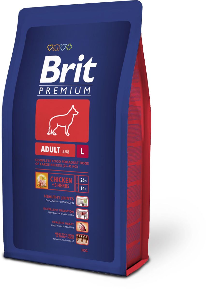 Корм сухой Brit Premium Adult L для взрослых собак крупных пород, с курицей, 3 кг132322 Корм сухой Brit Premium Adult L для взрослых собак крупных пород, с курицей, 3 кг132322Сухой корм Brit Premium Adult L - это полнорационный сухой корм с курицей для взрослых собак (1-7 лет) крупных пород весом от 25 до 45 кг. Для собак крупных пород очень важно правильное поэтапное питание в период роста. Период роста у собак крупных пород длится до двух лет, это более длительный процесс, чем у мелких и средних пород. Для взрослых собак крупных пород необходимо высокое содержание в корме антиоксидантов хондропротектов для здоровья суставов. Собаки крупных пород очень часто имеют чувствительный желудочно-кишечный тракт, поэтому для них очень важно содержание пребиотиков в корме, так как они улучшают здоровье кишечной флоры и поддерживают нормальное функционирование желудочно-кишечного тракта. Состав: мука из мяса курицы (40%), рис, кукуруза, пшеница, куриный жир (консервированный токоферолами), масло лосося, пивные дрожжи, натуральные ароматизаторы, сушеные яблоки, минеральные вещества, экстракт из трав и фруктов (300 мг/кг), глюкозамин гидрохлорид (260 мг/кг), хондроитина сульфат (160 мг/кг), мананоолигосахариды (150 мг/кг), фруктоолигосахариды (100 мг/кг), экстракт юкки шидигеры (80 мг/кг), органическая Е4 медь, органический Е6 цинк, органический селен. Анализ состава: сырой протеин 26%, сырой жир 14%, влажность 10%, сырая зола 6,5%, клетчатка 2,2%, кальций 1,5%, фосфор 1,1%.Витамины и добавки (на 1 кг): витамин A 15000 МЕ, витамин D3 1500 МЕ, витамин E (Q-токоферол) 500 мг, железо 80 мг, цинк 70 мг, марганец 36 мг, медь 20 мг, йод 0,65 мг, селен 0,2 мг. Энергетическая ценность: 4144 ккал/кг. Товар сертифицирован.