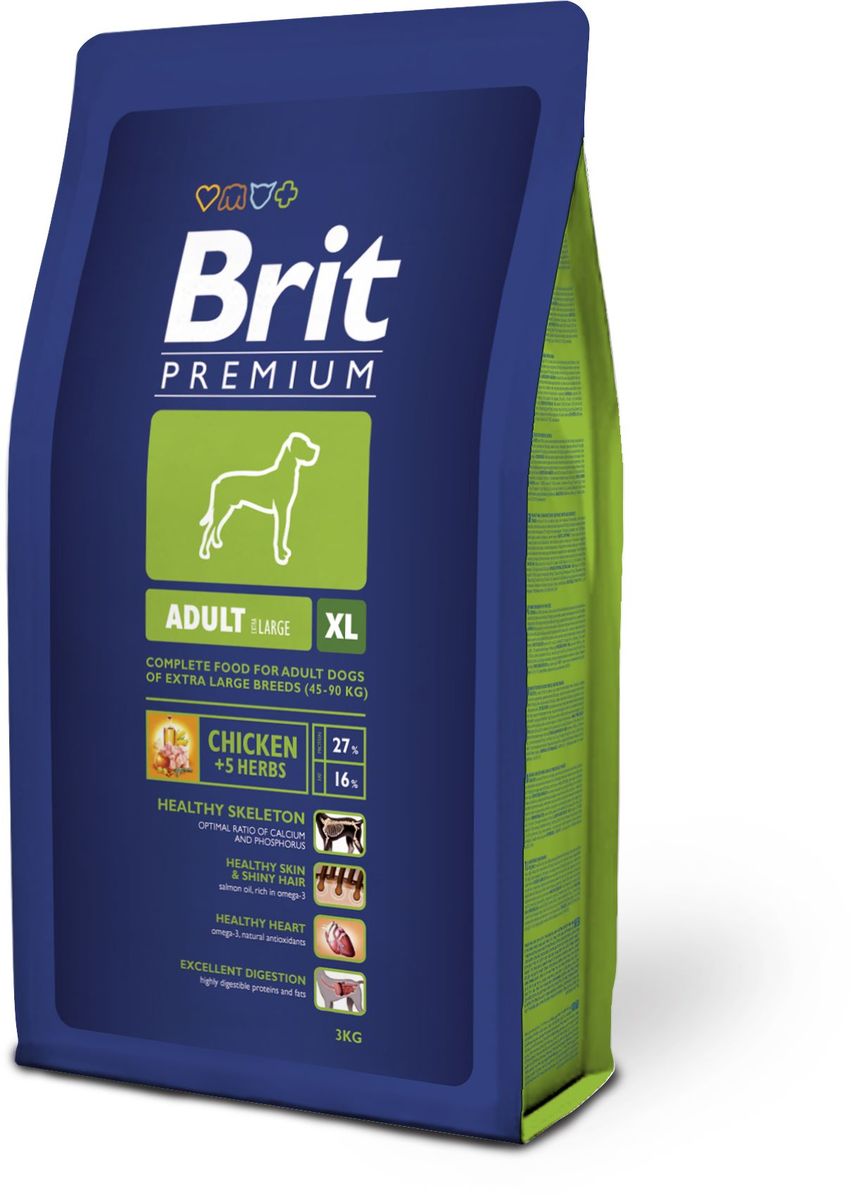 Корм сухой Brit Premium Adult XL для взрослых собак гигантских пород, с курицей и травами, 3 кг132328 Корм сухой Brit Premium Adult XL для взрослых собак гигантских пород, с курицей и травами, 3 кг132328Сухой корм Brit Premium Adult XL - это полноценное и сбалансированное питание для взрослых собак (30 месяцев - 5 лет) гигантских пород весом от 45 кг. Для собак гигантских пород очень важен правильный баланс кальция, так как избыточное содержание или недостаток кальция приводит к проблемам в формировании костей. На протяжении всей жизни, а особенно в период быстрого роста, собака очень крупных пород чрезвычайно чувствительны к перекармливанию. Низкое содержание энергии в корме способствует формированию оптимального веса у собак гигантских пород.Высокая усвояемость корма позволяет при кормлении использовать относительно небольшое количество корма, что снижает высокую нагрузку на пищеварительный тракт. Правильное содержание и соотношение жирных кислот Омега оказывает положительное влияние на здоровье сосудистой системы и помогает защитить собак от инфаркта и инсульта. Рекомендуется для следующих пород: анатолийская овчарка, бернский зенненхунд, русский черный терьер, бульмастиф, кане корсо, бордоский дог, эштрельская горная собака, фила бразилейро, дог, пиренейская горная собака, ирландский волкодав, комондор, ландсир, леонбергер, неаполитанский мастиф, ньюфаундленд, ротвейлер, сен-бернар, испанский мастиф, тосас. Состав: мука из мяса курицы (41%), рис, кукуруза, пшеница, куриный жир (консервированный токоферолами), масло лосося, пивные дрожжи, натуральные ароматизаторы, сушеные яблоки, минеральные вещества, экстракт из трав и фруктов (300 мг/кг), глюкозамин гидрохлорид (260 мг/кг), хондроитин сульфат (160 мг/кг), мананоолигосахариды (150 мг/кг), фруктоолигосахариды (100 мг/кг), экстракт юкки шидигеры (80 мг/кг), органическая Е4 медь, органический Е6 цинк, органический селен. Аналитические составляющие: сырой протеин 27,0%, сырой жир 16,0%, влага 10,0%, сырая зола 6,4%, необработанные волокна 2,5%, кальций 1,5%, фосфор 1,0%. Пищевые добавки на 1 кг: витамин A 15 000 МЕ, витамин D3 1 500 МЕ, витамин E (альфа-токоферол) 500 мг, Е1 железо 80 мг, Е6 цинк 70 мг, Е5 марганец 36 мг, Е4 медь 20 мг, Е2 йод 0,65 мг, Е8 селен 0,2 мг. Энергетическая ценность: 4234 ккал/кг.Товар сертифицирован.