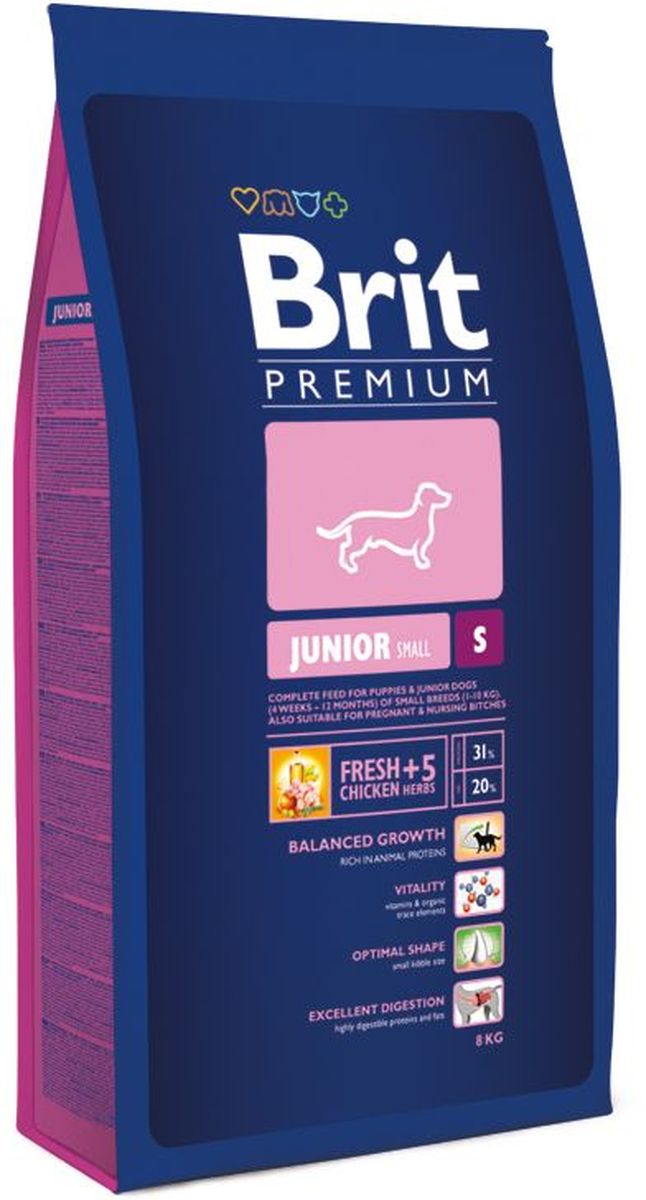 Корм сухой Brit Premium Junior S для молодых собак мелких пород, с курицей, 8 кг132333 Корм сухой Brit Premium Junior S для молодых собак мелких пород, с курицей, 8 кг132333Полнорационный корм Brit Premium Junior S подходит для щенков и молодых собак (4-12 месяцев) мелких пород (1-10 кг). Так же рекомендуется для беременных и кормящих сук. У мелких пород собак небольшой и очень чувствительный желудочно-кишечный тракт и при этом довольно высокие потребности в питательных веществах. Именно по этой причине корма для таких пород должны иметь очень высокую степень усвояемости и тщательно сбалансированный формулу содержания питательных веществ. У мелких пород намного выше потребность в активных антиоксидантах, которые положительно влияют на иммунитет и способствуют продолжительности жизни животного. Оптимальное соотношение Омега-3 и Омега-6 жирных кислот, которые способствуют активности мозга и правильному развитию нервной системы, что необходимо для развития полноценной жизнедеятельности вашего питомца.Состав: курица (42%), рис, кукуруза, пшеница, куриный жир (консервирован токоферолами), рыбий жир из лосося, натуральные ароматизаторы, экстракт из трав и фруктов (300 мг/кг), пивные дрожжи, сушеные яблоки, минеральные вещества, глюкозамина гидрохлорид (260 мг/кг), хондроитина сульфат 160 мг/кг, маннанолигосахариды 150 мг/кг, фруктоолигосахариды 100 мг/кг, экстракт юкки Шидигера 80 мг/кг, органическая медь, органический цинк, органический селен. Аналитические составляющие: сырой протеин 31,0 %, сырой жир 20,0 %, влага 10,0 %, сырая зола 6,5 %, сырая клетчатка 2,3 %, кальций 1,5 %, фосфор 1,1 %. Пищевые добавки на 1 кг: витамин A 20 000 МЕ, витамин D3 1 900 МЕ, витамин E (a-токоферол) 600 мг, Е6 цинк 100 мг, Е1 железо 90 мг, Е5 марганец 45 мг, Е4 медь 20 мг, Е2 йод 1 мг, Е8 селен 0,2 мг. Энергетическая ценность: 4397 ккал/кг.Товар сертифицирован.