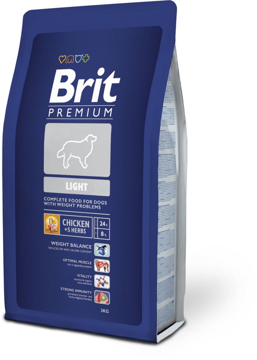 Корм сухой Brit Premium Light для собак, склонных к полноте, с курицей и травами, 3 кг132340 Корм сухой Brit Premium Light для собак, склонных к полноте, с курицей и травами, 3 кг132340Полнорационный корм Brit Premium Light предназначен для собак склонных к полноте, малоподвижных или с избыточной массой тела. Пониженное содержание жира и калорий поддерживают массу животного. Повышенное содержание легко усваиваемых протеинов обеспечивает оптимальную мускулатуру. Витамины и органические микроэлементы дают сильную жизненную энергию, а пребиотики (манано- и фрукто-олигосахариды) обеспечивают стойкий иммунитет. Состав: курица 36%, рис, кукуруза, пшеница, куриный жир (консервирован токоферолами), рыбий жир из лосося, пивные дрожжи, натуральные ароматизаторы, экстракт из трав и фруктов 300 мг/кг, сушеные яблоки, минеральные вещества, маннанолигосахариды 150 мг/кг, фруктоолигосахариды 100 мг/кг, экстракт юкки Шидигера 80 мг/кг, органическая медь, органический цинк, органический селен. Аналитические составляющие: сырой протеин 24,0 %, сырой жир 8,0 %, влага 10,0 %, сырая зола 6,2 %, сырая клетчатка 2,5 %, кальций 1,4 %, фосфор 1,0 %. Энергетическая ценность: 3 776 ккал/кг.Пищевые добавки на 1 кг: витамин A 15 000 МЕ, витамин D3 1 500 МЕ, витамин E (a-токоферол) 500 мг, Е1 железо 80 мг, Е6 цинк 70 мг, Е5 марганец 36 мг, Е4 медь 20 мг, Е2 йод 0,65 мг, Е8 селен 0,2 мг. Товар сертифицирован.
