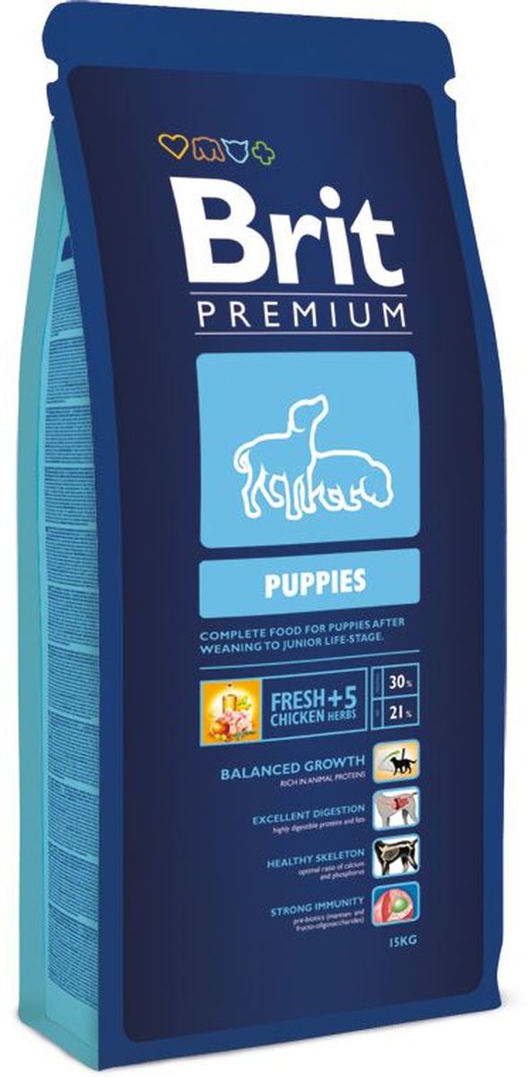 Корм сухой Brit Premium Puppies, для щенков всех пород, с курицей и травами, 15 кг132341 Корм сухой Brit Premium Puppies, для щенков всех пород, с курицей и травами, 15 кг132341Высококачественный корм Brit Premium Puppies является полнорационным кормом для щенков всех пород в период перехода с материнского молока на полнорационные корма. 4-8 недель для средних пород (10-25 кг); 4-16 недель для крупных пород (25-45 кг); 4-16 недель для очень крупных пород (45-90 кг). Рекомендуется также для беременных и кормящих сук. Состав: мука из мяса курицы (45%), рис, кукуруза, куриный жир (консервированный токоферолами), масло лосося, пивные дрожжи, натуральные ароматизаторы, сушеные яблоки, минеральные вещества, экстракт из трав и фруктов (300 мг/кг), мананоолигосахариды (150 мг/кг), фруктоолигосахариды (100 мг/кг), экстракт юкки шидигеры (80 мг/кг), органическая Е4 медь, органический Е6 цинк, органический селен. Пищевая ценность: сырой протеин - 30%, сырой жир - 21%, влага - 10%, сырая зола - 6,5%, сырая клетчатка - 2%, кальций - 1,5%, фосфор - 1,1%. Пищевые добавки на 1 кг: витамин А - 20000 МЕ, витамин D3 - 1900 МЕ, витамин Е - 600 мг, железо - 80 мг, цинк - 70 мг, марганец - 36 мг, медь - 20 мг, йод - 0,65 мг, селен - 0,2 мг. Энергетическая ценность: 4518 ккал/кг. Товар сертифицирован.