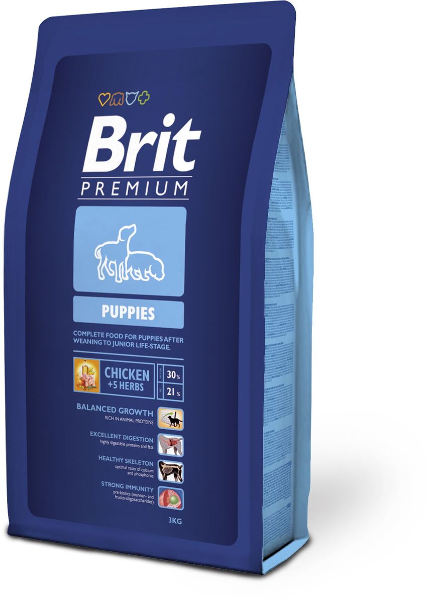 Корм сухой Brit Premium Puppies, для щенков всех пород, с курицей и травами, 3 кг132342 Корм сухой Brit Premium Puppies, для щенков всех пород, с курицей и травами, 3 кг132342Высококачественный корм Brit Premium Puppies является полнорационным кормом для щенков всех пород в период перехода с материнского молока на полнорационные корма. 4-8 недель для средних пород (10-25 кг); 4-16 недель для крупных пород (25-45 кг); 4-16 недель для очень крупных пород (45-90 кг). Рекомендуется также для беременных и кормящих сук. Состав: мука из мяса курицы (45%), рис, кукуруза, куриный жир (консервированный токоферолами), масло лосося, пивные дрожжи, натуральные ароматизаторы, сушеные яблоки, минеральные вещества, экстракт из трав и фруктов (300 мг/кг), мананоолигосахариды (150 мг/кг), фруктоолигосахариды (100 мг/кг), экстракт юкки шидигеры (80 мг/кг), органическая Е4 медь, органический Е6 цинк, органический селен. Пищевая ценность: сырой протеин - 30%, сырой жир - 21%, влага - 10%, сырая зола - 6,5%, сырая клетчатка - 2%, кальций - 1,5%, фосфор - 1,1%. Пищевые добавки на 1 кг: витамин А - 20000 МЕ, витамин D3 - 1900 МЕ, витамин Е - 600 мг, железо - 80 мг, цинк - 70 мг, марганец - 36 мг, медь - 20 мг, йод - 0,65 мг, селен - 0,2 мг. Энергетическая ценность: 4518 ккал/кг. Товар сертифицирован.