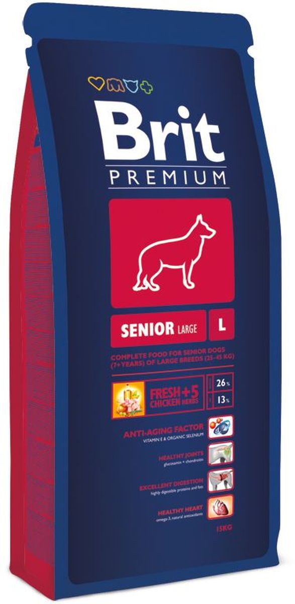 Корм сухой Brit Premium Senior L для пожилых собак крупных пород, с курицей, 15 кг132343 Корм сухой Brit Premium Senior L для пожилых собак крупных пород, с курицей, 15 кг132343Высококачественный корм Brit Premium Senior L является полнорационным кормом для стареющих собак (от 7 лет и старше) крупных пород (25–45 кг). Для собак крупных пород очень важно правильное поэтапное питание в период роста. Период роста у собак крупных пород длится до двух лет, это более длительный процесс, чем у мелких и средних пород. Для взрослых собак крупных пород необходимо высокое содержание в корме антиоксидантов хондропротектов для здоровья суставов. Собаки крупных пород очень часто имеют чувствительный желудочно-кишечный тракт, поэтому для них очень важно содержание пребиотиков в корме, так как они улучшают здоровье кишечной флоры и поддерживают нормальное функционирование желудочно-кишечного тракта. Состав: мука из мяса курицы (40%), рис, кукуруза, пшеница, куриный жир (консервированный токоферолами), масло лосося, пивные дрожжи, натуральные ароматизаторы, сушеные яблоки, минеральные вещества, экстракт из трав и фруктов (300 мг/кг), глюкозамина гидрохлорид (260 мг/кг), хондроитина сульфат (160 мг/кг), мананоолигосахариды (150 мг/кг), фруктоолигосахариды (100 мг/кг), экстракт юкки шидигеры (80 мг/кг), органическая Е4 медь, органический Е6 цинк, органический селен. Пищевая ценность: сырой протеин - 26%, сырой жир - 13%, влага - 10%, сырая зола - 6,7%, сырая клетчатка - 2,5%, кальций - 1,4%, фосфор - 1,1%. Пищевые добавки на 1 кг: витамин А - 15000 МЕ, витамин D3 - 1500 МЕ, витамин Е - 500 мг, железо - 80 мг, цинк - 70 мг, марганец - 36 мг, медь - 20 мг, йод - 0,65 мг, селен - 0,2 мг. Энергетическая ценность: 4123 ккал/кг. Товар сертифицирован.