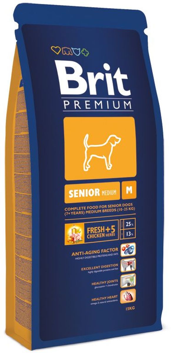 Корм сухой Brit Premium Senior M для пожилых собак средних пород, с курицей, 15 кг132345 Корм сухой Brit Premium Senior M для пожилых собак средних пород, с курицей, 15 кг132345Полнорационный корм Brit Premium Senior M подходит для стареющих собак (от 7 лет и старше) средних пород (10-25 кг). Как правило, собаки средних пород - рабочие собаки. Для активно работающих собак очень важно иметь правильное пищеварение и здоровый пищеварительный тракт, что в полной мере может обеспечить баланс клетчатки и пребиотиков, который оптимален в кормах Brit. Содержание Омега-3 и Омега-6 жирных кислот способствует правильному развитию и деятельности головного мозга. Жирные кислоты так же поддерживают отличное состояние кожи и шерсти, способствует скорейшему заживлению ран и восстановлению после травм, а входящие в состав активные антиоксиданты, поддерживают развитие деятельности иммунной системы. Средние породы склонны к ожирению, поэтому для них необходим оптимальный баланс протеинов и жиров. Состав: мука из мяса курицы (40%), кукуруза, пшеница, рис, куриный жир (консервирован токоферолами), масло лосося, пивные дрожжи, натуральные ароматизаторы, сушеные яблоки, минеральные вещества, экстракт из трав и фруктов (300 мг/кг), маннанолигосахариды (150 мг/кг), фруктоолигосахариды (100 мг/кг), экстракт юкки Шидигера (80 мг/кг), органическая медь, органический цинк, органический селен. Аналитические составляющие: сырой протеин 25,0 %, сырой жир 13,0 %, влага 10,0 %, сырая зола 6,3 %, сырая клетчатка 2,2 %, кальций 1,4 %, фосфор 0,9 %.Пищевые добавки на 1 кг: витамин A 15 000 МЕ, витамин D3 1 500 МЕ, витамин E (a-токоферол) 500 мг, Е1 железо 80 мг, Е6 цинк 70 мг, Е5 марганец 36 мг, Е4 медь 20 мг, Е2 йод 0,65 мг, Е8 селен 0,2 мг. Энергетическая ценность: 4073 ккал/кг.Товар сертифицирован.
