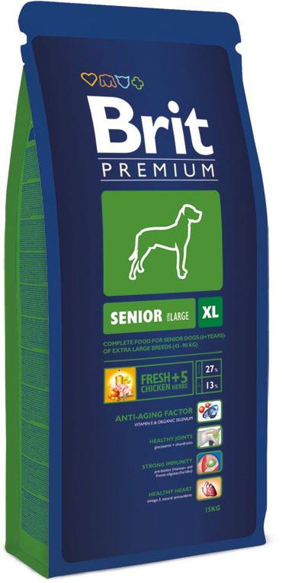 Корм сухой Brit Premium Senior XL для пожилых собак гигантских пород, с курицей, 15 кг132349 Корм сухой Brit Premium Senior XL для пожилых собак гигантских пород, с курицей, 15 кг132349Полнорационный корм Brit Premium Senior XL подходит для стареющих собак (6 лет и старше) гигантских пород (45-90 кг). Для собак гигантских пород очень важен правильный баланс кальция, так как избыточное содержание или недостаток кальция приводит к проблемам в формировании костей. На протяжении всей жизни, а особенно в период быстрого роста, собака очень крупных пород чрезвычайно чувствительны к перекармливанию. Низкое содержание энергии в корме способствует формированию оптимального веса у собак. Высокая усвояемость корма позволяет при кормлении использовать относительно небольшое количество корма, что снижает высокую нагрузку на пищеварительный тракт. Правильное содержание и соотношение жирных кислот Омега оказывает положительное влияние на здоровье сосудистой системы и помогает защитить собак от инфаркта и инсульта. Состав: мука из мяса курицы (41%), кукуруза, пшеница, рис, куриный жир (консервирован токоферолами), масло лосося, пивные дрожжи, натуральные ароматизаторы, сушеные яблоки, минеральные вещества, экстракт из трав и фруктов (300 мг/кг), маннанолигосахариды (150 мг/кг), фруктоолигосахариды (100 мг/кг), экстракт юкки Шидигера (80 мг/кг), органическая медь, органический цинк, органический селен. Аналитические составляющие: сырой протеин 27,0 %, сырой жир 13,0 %, влага 10,0 %, сырая зола 6,5 %, сырая клетчатка 2,5 %, кальций 1,5 %, фосфор 1,0 %.Пищевые добавки на 1 кг: витамин A 15 000 МЕ, витамин D3 1 500 МЕ, витамин E (a-токоферол) 500 мг, Е1 железо 80 мг, Е6 цинк 70 мг, Е5 марганец 36 мг, Е4 медь 20 мг, Е2 йод 0,65 мг, Е8 селен 0,2 мг. Энергетическая ценность: 4099 ккал/кг. Товар сертифицирован.