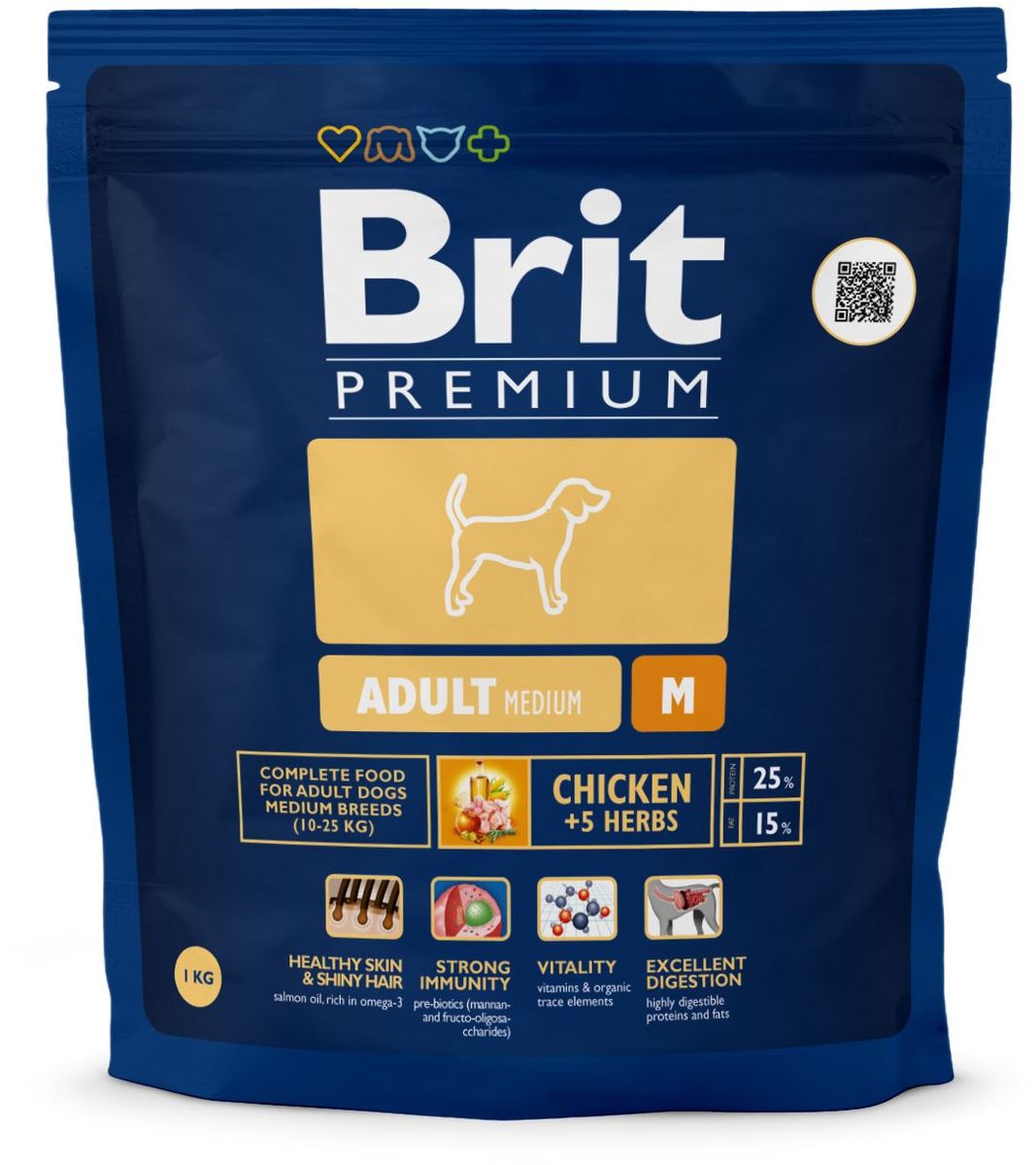Корм сухой Brit Premium Adult M для взрослых собак средних пород, с курицей и травами, 1 кг132354 Корм сухой Brit Premium Adult M для взрослых собак средних пород, с курицей и травами, 1 кг132354Сухой корм Brit Premium Adult M - полнорационный корм для взрослых собак средних пород (10-25 кг). Как правило, собаки средних пород - рабочие собаки. Для активно работающих собак очень важно иметь правильное пищеварение и здоровый пищеварительный тракт, что в полной мере может обеспечить баланс клетчатки и пребиотиков, который оптимален в кормах Brit. Содержание Омега-3 и Омега-6 жирных кислот способствует правильному развитию и деятельности головного мозга. Жирные кислоты так же поддерживают отличное состояние кожи и шерсти, способствует скорейшему заживлению ран и восстановлению после травм, а входящие в состав активные антиоксиданты, поддерживают развитие деятельности иммунной системы. Средние породы склонны к ожирению, поэтому для них необходим оптимальный баланс протеинов и жиров. Состав: мука из мяса курицы (41%), кукуруза, пшеница, рис, куриный жир (консервированный токоферолами), масло лосося, пивные дрожжи, натуральные ароматизаторы, сушеные яблоки, минеральные вещества, экстракт из трав и фруктов (300 мг/кг), мананоолигосахариды (150 мг/кг), фруктоолигосахариды (100 мг/кг), экстракт юкки шидигеры (80 мг/кг), органическая Е4 медь, органический Е6 цинк, органический селен. Аналитические составляющие: сырой протеин 25,0%, сырой жир 15,0%, влага 10,0%, сырая зола 6,4%, необработанные волокна 2,2%, кальций 1,4%, фосфор 1,0%. Пищевые добавки: витамин A 15 000 МЕ, витамин D3 1 500 МЕ, витамин E (q-токоферол) 500 мг, Е1 железо 80 мг, Е6 цинк 70 мг, Е5 марганец 36 мг, Е4 медь 20 мг, Е2 йод 0,65 мг, Е8 селен 0,2 мг. Энергетическая ценность: 4 143 ккал/кг. Товар сертифицирован.