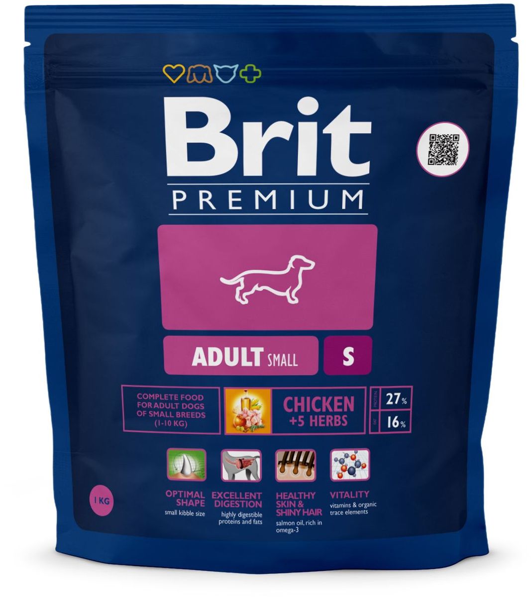 Корм сухой Brit Premium Adult S для взрослых собак мелких пород, с курицей, 1 кг132383 Корм сухой Brit Premium Adult S для взрослых собак мелких пород, с курицей, 1 кг132383Сухой корм Brit Premium Adult S - полнорационный корм для взрослых собак маленьких пород (1-10 кг). У мелких пород собак небольшой и очень чувствительный желудочно-кишечный тракт и при этом довольно высокие потребности в питательных веществах. Именно по этой причине корма для таких пород должны иметь очень высокую степень усвояемости и тщательно сбалансированный формулу содержания питательных веществ. У мелких пород намного выше потребность в активных антиоксидантах, которые положительно влияют на иммунитет и способствуют продолжительности жизни животного. Оптимальное соотношение Омега-3 и Омега-6 жирных кислот, которые способствуют активности мозга и правильному развитию нервной системы, что необходимо для развития полноценной жизнедеятельности вашего питомца. Состав: мука из мяса курицы (41%), кукуруза, пшеница, рис, куриный жир (консервированный токоферолами), масло лосося, пивные дрожжи, натуральные ароматизаторы, сушеные яблоки, минеральные вещества, экстракт из трав и фруктов (300 мг/кг), мананоолигосахариды (150 мг/кг), фруктоолигосахариды (100 мг/кг), экстракт юкки шидигеры (80 мг/кг), органическая медь, органический цинк, органический селен. Аналитические составляющие: сырой протеин 27,0 %, сырой жир 16,0 %, влага 10,0 %, сырая зола 6,5 %, сырая клетчатка 2,5 %, кальций 1,4 %, фосфор 1,1 %. Пищевые добавки на 1 кг: витамин A 15 000 МЕ, витамин D3 1 500 МЕ, витамин E (q-токоферол) 500 мг, Е1 железо 80 мг, Е6 цинк 70 мг, Е5 марганец 36 мг, Е4 медь 20 мг, Е2 йод 0,65 мг, Е8 селен 0,2 мг.Энергетическая ценность: 4172 ккал/кг. Товар сертифицирован.