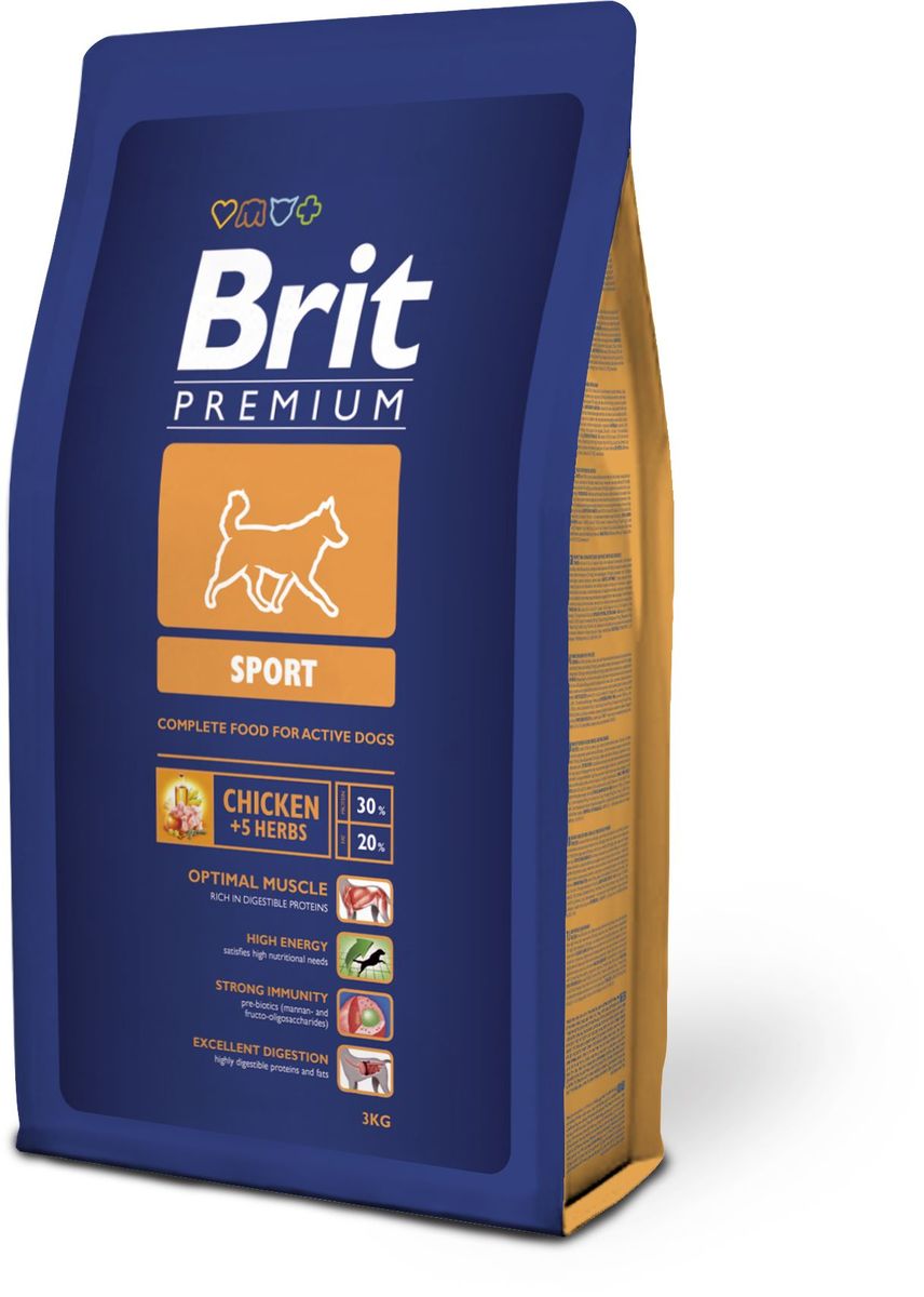 Корм сухой Brit Premium Sport для активных собак всех пород, с курицей и травами, 3 кг502516 Корм сухой Brit Premium Sport для активных собак всех пород, с курицей и травами, 3 кг502516Сухой корм Brit Premium Sport - полнорационный сбалансированный корм для взрослых собак с повышенными физическими нагрузками: - Рабочие породы собак: ездовые, охотничьи, охранные, гончие. - Все породы собак, восстанавливающиеся после болезни или операции. Состав: мука из мяса курицы (45%), рис, кукуруза, пшеница, куриный жир (консервированный токоферолами), масло лосося, пивные дрожжи, натуральные ароматизаторы, экстракт из трав и фруктов (300 мг/кг), сушеные яблоки, минеральные вещества, мананоолигосахариды (150 мг/кг), фруктоолигосахариды (100 мг/кг), экстракт юкки шидигеры (80 мг/кг), органическая Е4 медь, органический Е6 цинк, органический селен. Аналитические составляющие: сырой протеин 30,0%, сырой жир 20,0%, влага 10,0%, сырая зола 6,8%, сырая клетчатка 2,2%, кальций 1,6%, фосфор 1,2%.Пищевые добавки (на 1 кг): витамин A 15 000 МЕ, витамин D3 1 500 МЕ, витамин E (альфа-токоферол) 500 мг, Е1 железо 80 мг, Е6 цинк 70 мг, Е5 марганец 36 мг, Е4 медь 20 мг, Е2 йод 0,65 мг, Е8 селен 0,2 мг. Энергетическая ценность: 4382 ккал/кг. Товар сертифицирован.