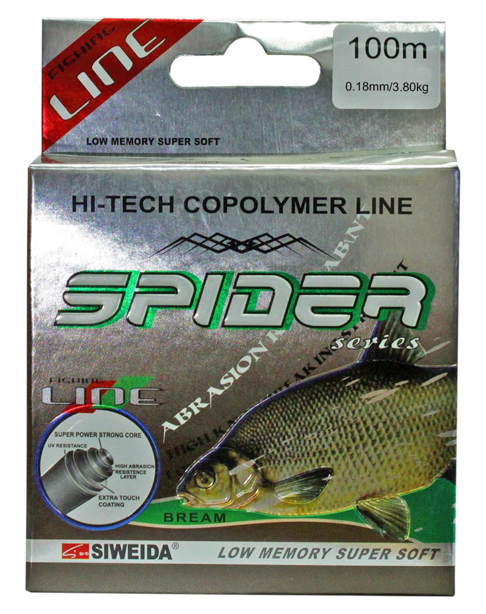 Леска SWD Spider Bream, цвет: прозрачный, длина 100 м, сечение 0,18 мм, нагрузка 3,8 кг5250182 Леска SWD Spider Bream, цвет: прозрачный, длина 100 м, сечение 0,18 мм, нагрузка 3,8 кг5250182Монофильная леска высшего качества сечением 0,18 мм (разрывная нагрузка 3,80 кг) в размотке по 100 м. Не имеет механической памяти. Отличается повышенной прочностью на узле, высокой сопротивляемостью к истиранию и воздействию ультрафиолетовых лучей. Рекомендуется для ловли леща.