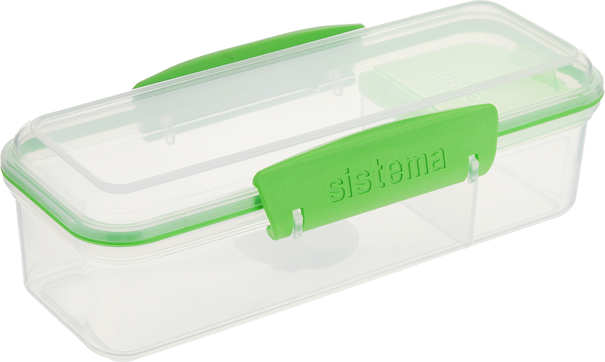 Контейнер пищевой Sistema To-Go, с разделителем, цвет: салатовый, 410 мл21479_салатовый, прозрачный Контейнер пищевой Sistema To-Go, с разделителем, цвет: салатовый, 410 мл21479_салатовый, прозрачныйКонтейнер Sistema To-Go отлично подходит для тех, кто зачастую перекусывает на работе или в дороге. Два отделения для продуктов позволяют не перемешивать их. Эко-пластик, из которого выполнен контейнер, безопасен для здоровья, так как не содержит фенола и примесей. Оригинальный дизайн клипс гарантирует надежность крепления, а уплотнитель в крышке сохраняет свежесть и аромат продуктов. Можно мыть в посудомоечной машине.Общий размер контейнера (по верхнему краю): 19 х 7 см.Высота контейнера (с учетом крышки): 6 см.Размер меньшего отделения (по верхнему краю): 6 х 7 см.Размер большего отделения (по верхнему краю): 13 х 7 см.