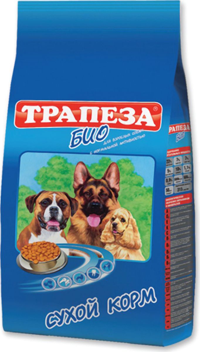 Корм сухой Трапеза Био для взрослых собак всех пород, 2,5 кг201003012 Корм сухой Трапеза Био для взрослых собак всех пород, 2,5 кг201003012Сухой корм Трапеза Био - сбалансированный сухой корм для взрослых собак с нормальной активностью. Разработан с использованием уникальной формулы, которая предусматривает сочетание питательных веществ в правильной пропорции белков, жиров, клетчатки, витаминного и минерального комплекса для собак с нормальной активностью. Сухой корм для собак Трапеза Био при постоянном применении обеспечивает полноценное питание для собак с нормальной активностью на протяжении всей жизни питомца.Специальная форма гранул - разработана с учетом строения челюстей взрослой собаки и позволяет животному в полной мере насладиться своим завтраком, обедом или ужином и не чувствовать после еды дискомфорт в желудке, а так же избежать проблем с пищеварением.Состав: злаки, пшеничные отруби, мясо и продукты животного происхождения (в той частноти говяжья печень), экстракт белка растительного происхождения, гидролизированная печень, минеральные добавки, подсолнечное масло, пульпа сахарной свеклы (жом), витамины, антиоксидант.Анализ: протеин - 22%; жир - 7%; зола - 7%; клетчатка - 5%; влажность - 10%; кальций - 1,1%; фосфор - 0,9%; витамин А 5000 МЕ/кг; витамин D3 500 МЕ/кг; витамин Е 50 мг/кг.Товар сертифицирован.