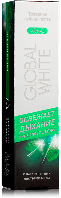 Global White Травяная зубная паста Фреш, 100 мл104 Global White Травяная зубная паста Фреш, 100 мл104Ежедневный уход. Активные компоненты входящие в состав бережно очищают, надолго освежают дыхание и оказывают антисептическое действие. В состав пасты входят натуральные листья мяты. Экстракт крапивы содержит витамины K A C E B5 и микроэлементы, которые способствуют усилению обмена веществ в тканях и стимулируют процессы регенерации в полости рта. Экстракт ромашки способствует предотвращению воспаления тканей дёсен и оказывает успокаивающее и антисептическое действие. Экстракт брусники и зверобоя содержит в составе витамин С и микроэлементы,обладающие бактерицидным и вяжущим свойствами.