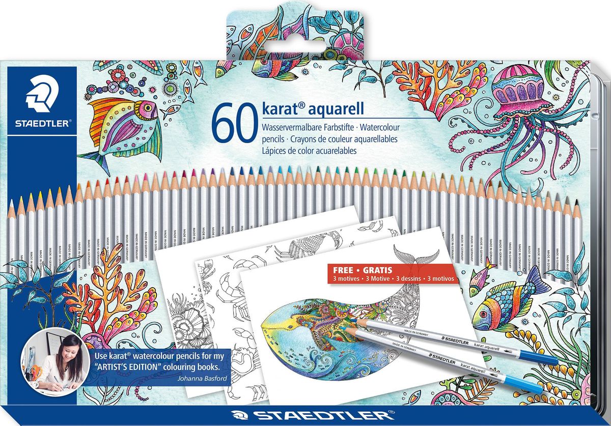 Staedtler Набор акварельных карандашей Karat Aquarell 125 Джоанна Бэсфорд 60 цветов125M60JB Staedtler Набор акварельных карандашей Karat Aquarell 125 Джоанна Бэсфорд 60 цветов125M60JBНабор акварельных карандашей Staedtler Karat Aquarell 125 серии состоит из 60 ярких цветов в металлической упаковке. Cпециальное издание Джаонна Бэсфорд. Содержит 60 светостойких цветных акварельных карандашей + 3 рисунка для раскрашивания от Джоанны Бэсфорд! Цвета отлично смешиваются. Ударопрочный грифель. Широкий диапазон творческих эффектов: сухие, сухие по мокрому, мокрый по мокрому.Изготовлены из сертифицированной древесины.