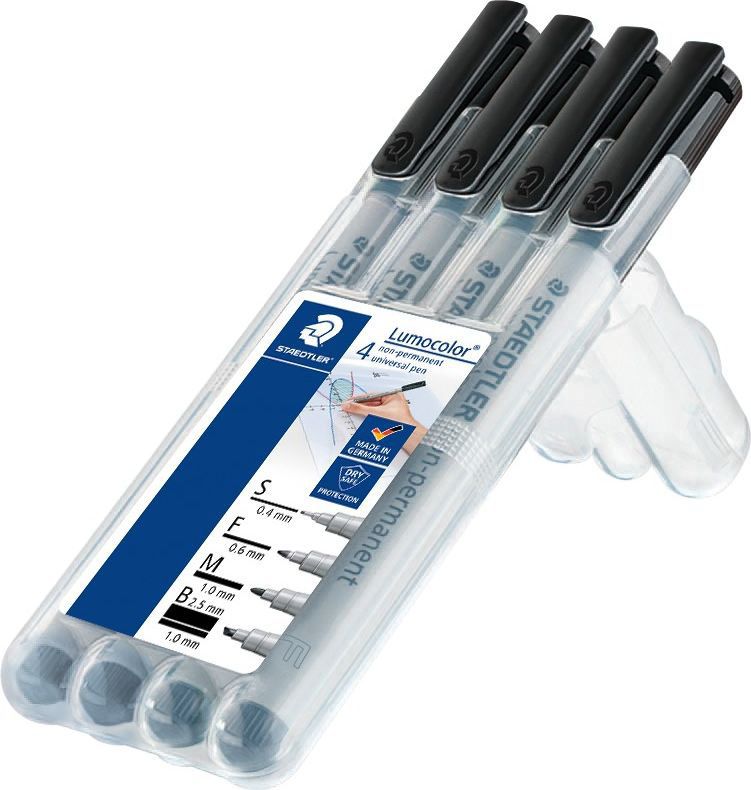 Staedtler Набор неперманентных маркеров SBMF 4 шт цвет черный31-9WP4 Staedtler Набор неперманентных маркеров SBMF 4 шт цвет черный31-9WP4Набор из универсальных неперманентных маркеров черного цвета. Содержит маркеры: 311,312, 315, 316 серий, толщина линий (S,B,M,F). Маркеры предназначены для большинства поверхностей. Подходят для работы с проекторами. Можно удалить влажной тканью. Чернила на водной основе. Быстро высыхают. Корпус и колпачок из полипропилена гарантируют долгий срок службы. Безопасно для самолетов - автоматическое выравнивание давления предотвращает от вытекания чернил на борту самолета. Маркеры упакованы в пластиковую коробку-подставку Staedtler.