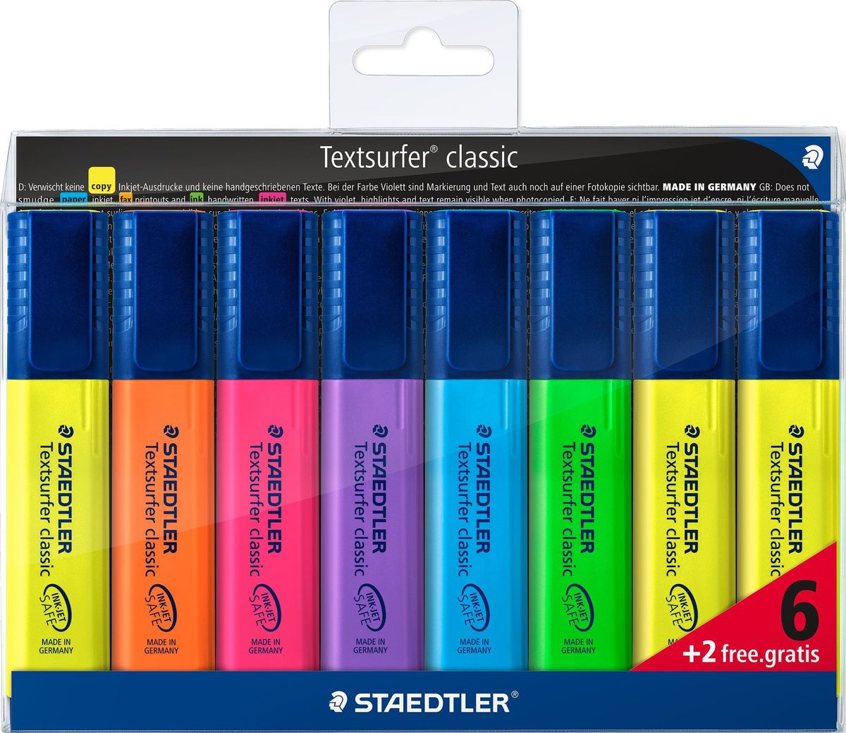 Staedtler Набор текстовыделителей Сlassic 364 6 шт + 2 шт бесплатно364AWP8 Staedtler Набор текстовыделителей Сlassic 364 6 шт + 2 шт бесплатно364AWP8Набор текcтовыделителей Staedtler Сlassic 364 состоит из 6 цветов + 2 цвета бесплатно. Такой набор подходит для копирования, для работы на бумаге, факсовой бумаге и копиях. Каждый текстовыделитель имеет скошенный пишущий узел и ультрамягкую кисточку. Большой объем чернил для экстра долгой службы. Быстро высыхает, слабый запах. Безопасно для струйных принтеров - не смазывает распечатки и написанный текст. Корпус и колпачок из полипропилена гарантируют долгий срок службы.Безопасно для самолетов - автоматическое выравнивание давления предотвращает от вытекания чернил на борту самолета.