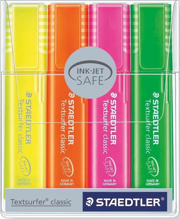 Staedtler Набор текстовыделителей Textsurfer Classic 364 4 цвета неон364PWP402 Staedtler Набор текстовыделителей Textsurfer Classic 364 4 цвета неон364PWP402Набор текcтовыделителей Textsurfer Classic 364 состоит из 4 радужных цветов упакованных в блистер. Скошенный пишущий узел, диаметр 1-5 мм. Ультрамягкая кисточка. Большой объем чернил для экстра долгой службы. Быстро высыхает, слабый запах. Безопасно для струйных принтеров - не смазывает распечатки и написанный текст. Подходит для копирования, для работы на бумаге, факсовой бумаге и копиях. Повернуть колпачок для легкого открывания. Корпус и колпачок из полипропилена гарантируют долгий срок службы. Безопасно для самолетов - автоматическое выравнивание давления предотвращает от вытекания чернил на борту самолета.