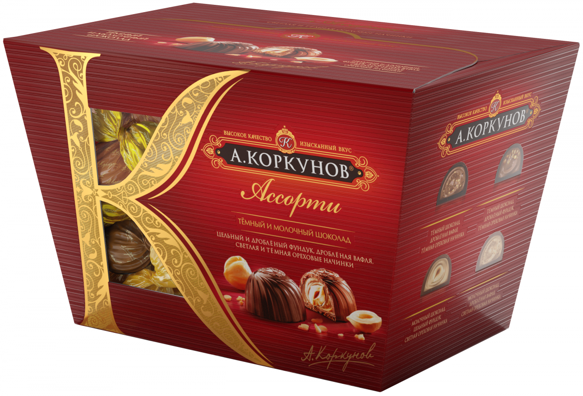 Коркунов Ассорти конфеты темный и молочный шоколад, 137 г4606720008515 Коркунов Ассорти конфеты темный и молочный шоколад, 137 г4606720008515Шоколадные конфеты А.КОРКУНОВ создаются из отборных орехов и какао-бобов по классическим канонам шоколадного производства и оригинальным рецептурам, разработанным нашими экспертами-шоколатье. Вы можете оценить разнообразие нескольких шоколадных композиций в одной коробке Ассорти.