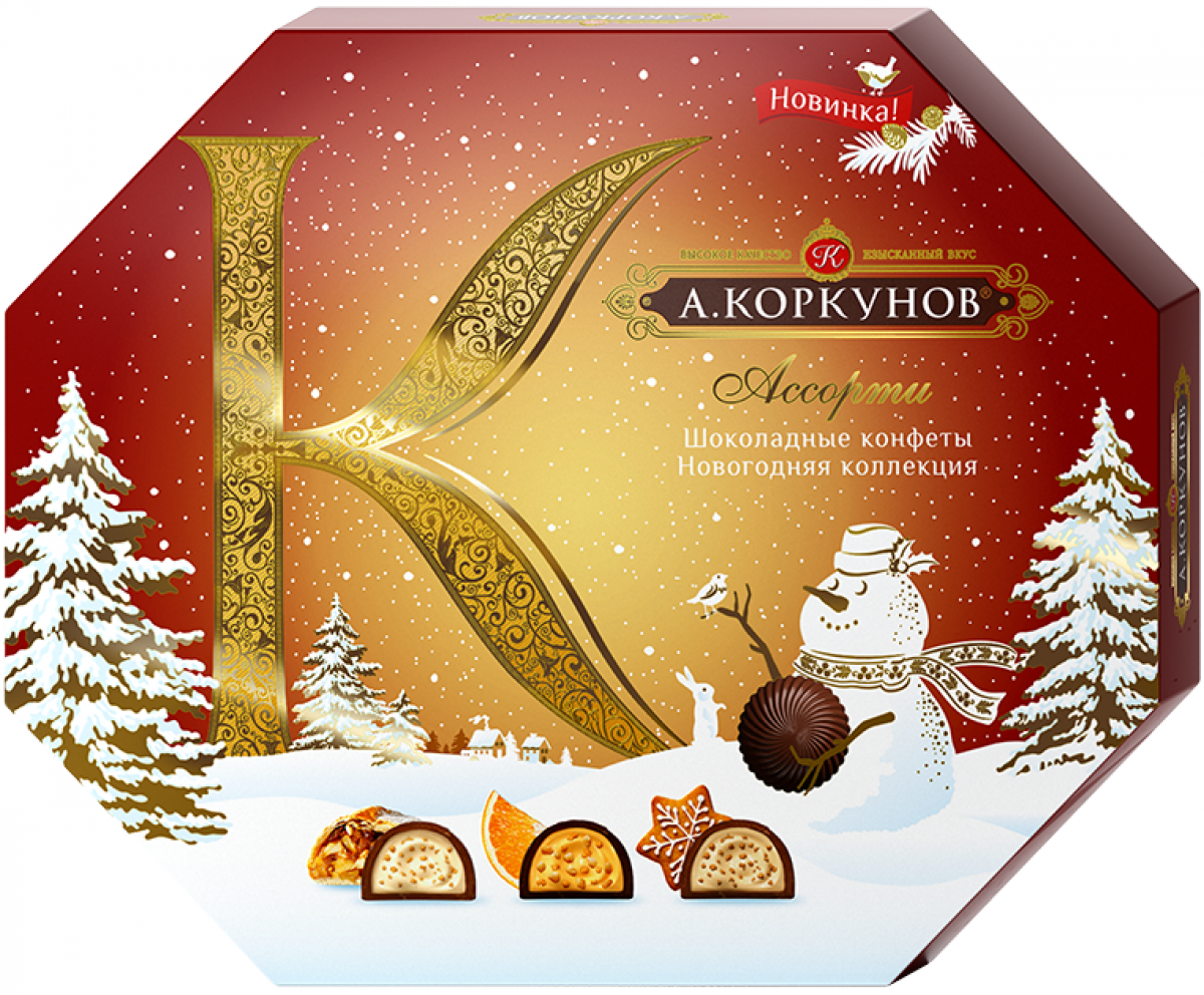 А.Коркунов новогодняя коллекция ассорти конфет, 171 г4606720008652 А.Коркунов новогодняя коллекция ассорти конфет, 171 г4606720008652Шоколадные конфеты А.КОРКУНОВ® создаются из отборных орехов и какао-бобов по классическим канонам шоколадного производства и оригинальным рецептурам, разработанным нашими экспертами -шоколатье. Вы можете оценить разнообразие нескольких шоколадных композиций в одной коробке Ассорти.