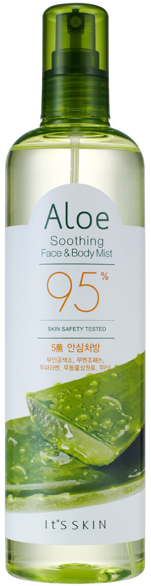 Its Skin Мист для лица и тела Aloe 95%, 400 мл6020000767 Its Skin Мист для лица и тела Aloe 95%, 400 мл6020000767Освежающий мист для лица и тела содержит 95% экстракта алое вера и усилен экстрактами лекарственных трав, таких как: лаванда, базилик, бергамот, душица, шалфей, розмарин, ромашка, экстракт корицы коры, экстракт черных бобов. Интенсивно успокаивающий, увлажняющий, восстанавливающий, расслабляющий мист. Снимает шелушения, успокаивает воспаления.