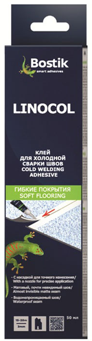 Герметик Bostik Linocol, для склеивания швов ПВХ, 0,05 л000798 Герметик Bostik Linocol, для склеивания швов ПВХ, 0,05 л000798Клей для склеивания швовОднокомпонетный клей для холодного сваривания швов ПВХ-покрытий. Применяется для покрытий бытового назначения, как для плотнорезанных швов, так и швов толщиной до 4мм. Используется для заделки швов стеновых покрытий из плотного ПВХ. Пригоден для ремонта повреждений ПВХ-покрытий, линейного приклеивания ПВХ-покрытий в труднодоступных местах (входы/выходы коммуникаций и систем отопления т.п., ремонта различных элементов из ABS-пластика). - Удобен для применения в труднодоступных местах- Упаковка со специальным носиком для удобства нанесения.