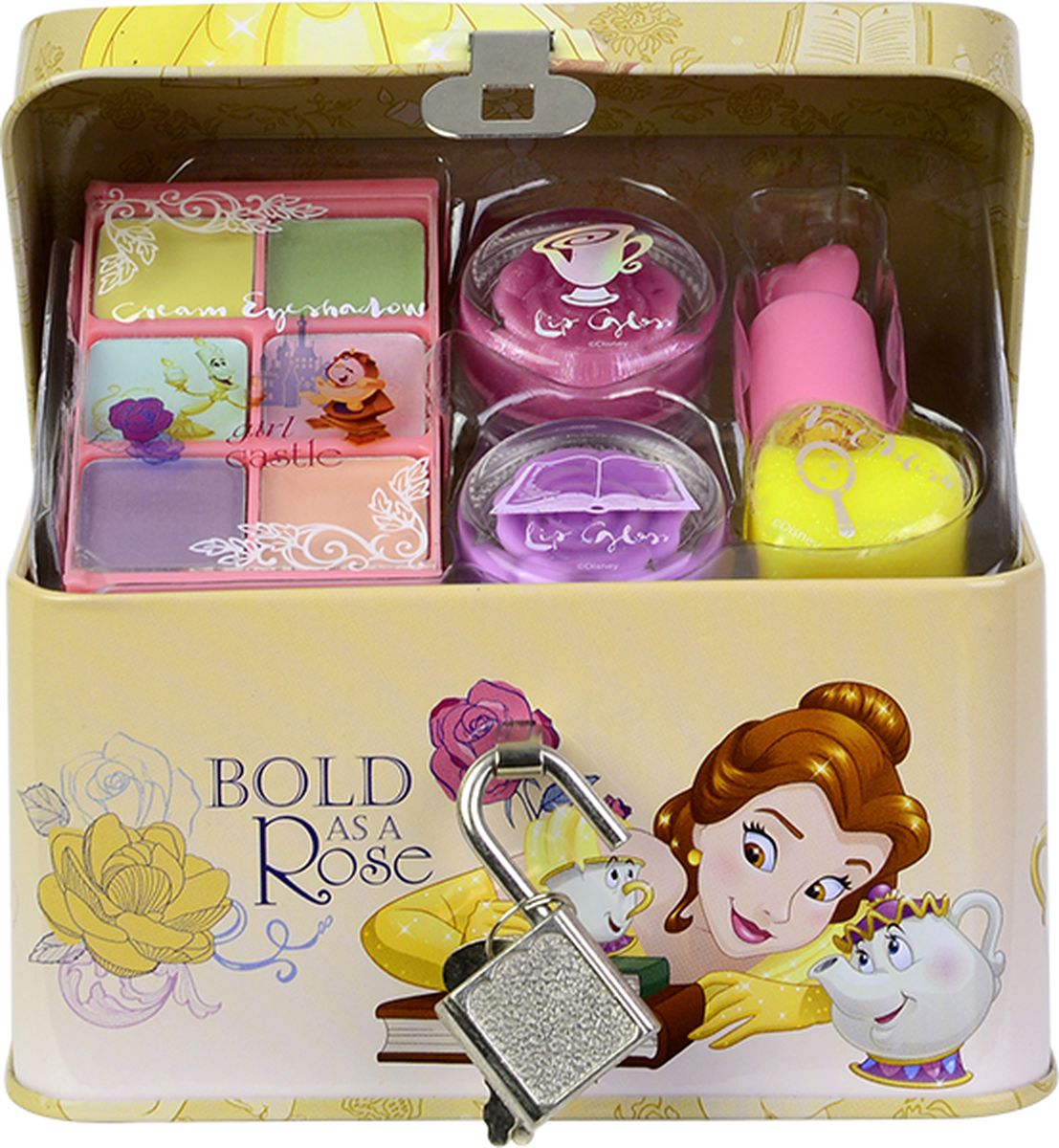 Markwins Игровой набор детской декоративной косметики Beauty and the Beast 97055519705551 Markwins Игровой набор детской декоративной косметики Beauty and the Beast 97055519705551Состав набора: блески для губ в баночках 2 шт., кремовые тени для век 6 оттенков, лак для ногтей на водной основе 1 шт., жестяной сундучок на замочке 1 шт.