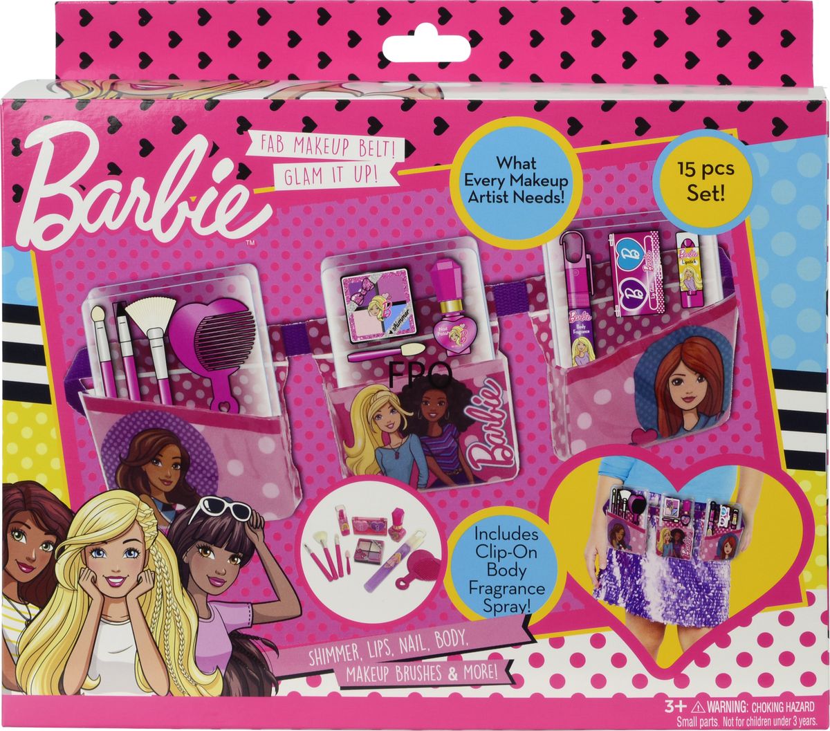 Markwins Игровой набор детской декоративной косметики Barbie 97091519709151 Markwins Игровой набор детской декоративной косметики Barbie 97091519709151Состав набора: пояс визажиста 1 шт., палитра теней для век из 4 оттенков в футляре, лак для ногтей на водной основе 1 шт., парфюмированый спрей 1 шт., блеск для губ из 2 оттенков в футляре с зеркальцем; губная помада в футляре 1 шт., аппликатор 2 шт., кисти 2 шт., расчёска 1 шт.