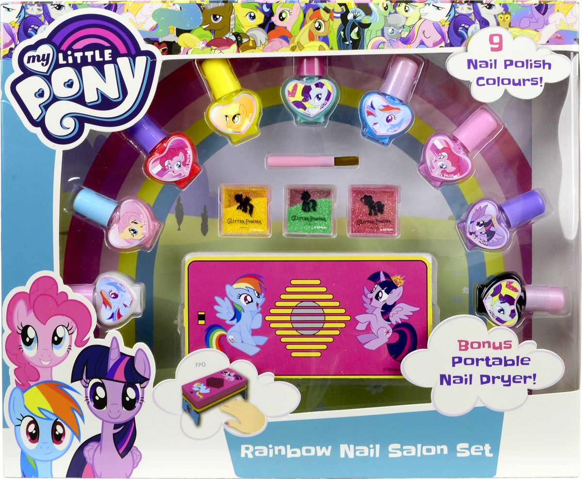 Markwins Игровой набор детской декоративной косметики My Little Pony 97118519711851 Markwins Игровой набор детской декоративной косметики My Little Pony 97118519711851Состав набора: лаки для ногтей на водной основе 9 шт., блёстки в коробочках 3 шт., кисть 1 шт., устройство для сушки лака на ногтях 1 шт., устройство функционирует от 4 батареек типа AАА, в набор не входят.