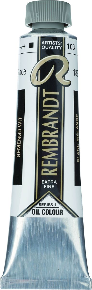 Royal Talens Краска масляная Rembrandt цвет 103 Белила смешанные 40 мл01051032 Royal Talens Краска масляная Rembrandt цвет 103 Белила смешанные 40 мл01051032Масляные краски Rembrandt – это профессиональные краски исключительно высокого качества и традиций производства с 1899 г. Благодаря высокой концентрации натурального пигмента достигается чистота, насыщенность и глубина цвета. Широкая цветовая палитра и отличный баланс укрывистых и прозрачных оттенков позволят воплотить любые замыслы художника. Работы, написанные масляными красками Rembrandt, на долгие годы сохранят свое великолепие, а цвета не потускнеют и не потеряют интенсивности.Уровень Artist. Основные характеристики:Оптимальная интенсивность цвета с высокой концентрацией пигмента (не содержит наполнителей)Максимальная светостойкость (гарантия сохранения цвета у большинства оттенков – 100 лет)Единая степень вязкостиПалитра из 120 цветов