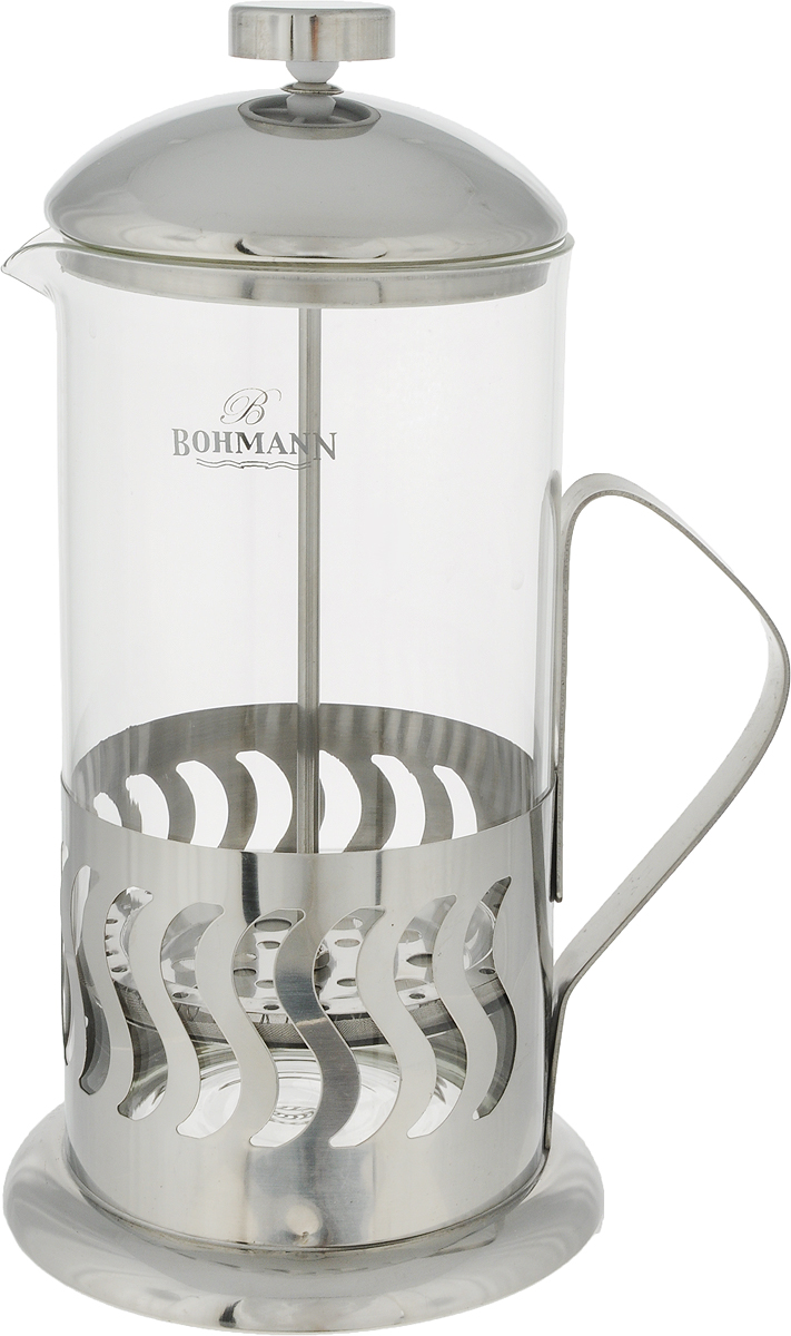 Френч-пресс Bohmann Волна, 1 л9510BH/NEW_волна Френч-пресс Bohmann Волна, 1 л9510BH/NEW_волнаФренч-пресс Bohmann Волна станет прекрасным выбором для повседневного использования, встречи гостей или небольших вечеринок. Колба, изготовленная их закаленного стекла, сохранит свежесть и аромат напитка. А конструкция френч-пресса, встроенного в крышку, прекрасно отфильтрует чай и кофе от заварочной гущи. Удобная ручка обеспечит надежную фиксацию в руке. Утолщенный ободок колбы повышает прочность и продлевает срок службы изделия. Насыпьте чай или кофе в стеклянную колбу, добавьте горячей воды и закройте стакан пресс-фильтром. Подождите 3-5 минут, затем медленно опустите пресс-фильтр до упора. Приятного чаепития. Френч-пресс Bohmann Волна позволит быстро и просто приготовить чай или свежий и ароматный кофе. Объем: 1 л.Диаметр (по верхнему краю): 9,5 см. Высота стенки (с учетом крышки): 24 см.