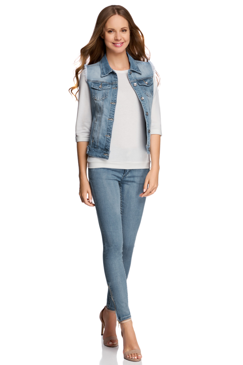 Жилет женский oodji Denim, цвет: голубой. 12409023/45369/7000W. Размер 42-170 (48-170)12409023/45369/7000W Жилет женский oodji Denim, цвет: голубой. 12409023/45369/7000W. Размер 42-170 (48-170)12409023/45369/7000WУкороченный женский жилет oodji Denim с отложным воротником выполнен из эластичного хлопка. Модель застегивается на пуговицы спереди, дополнена двумя нагрудными карманами с клапанами на пуговицах и двумя втачными карманами. Проймы рукавов имеют эффект необработанного края и украшены тонкой бахромой.