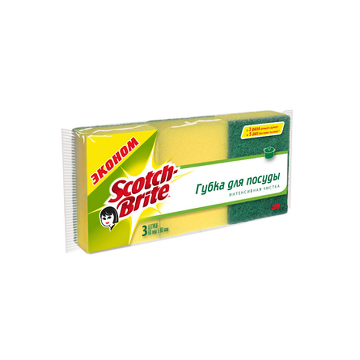 Губка для мытья посуды Scotch-Brite, 3 шт12407 Губка для мытья посуды Scotch-Brite, 3 шт12407Набор из 3 губок Scotch-Brite предназначен для мытья посуды. Лучшая губка для вашей кухни! Идеально удаляет жир, грязь и пригоревшую пищу. Отлично подходит как для посуды, так и для любой другой поверхности. Для удобства применения с одной стороны губки нанесен абразивный слой. Губки сохраняют чистоту и свежесть даже после многократного применения, а их эргономичная форма удобна для руки. Характеристики: Материал: сложные полимеры. Размер: 6 см х 8 см х 2,5 см. Количество:3 шт. Изготовитель:Россия. Артикул:12407.