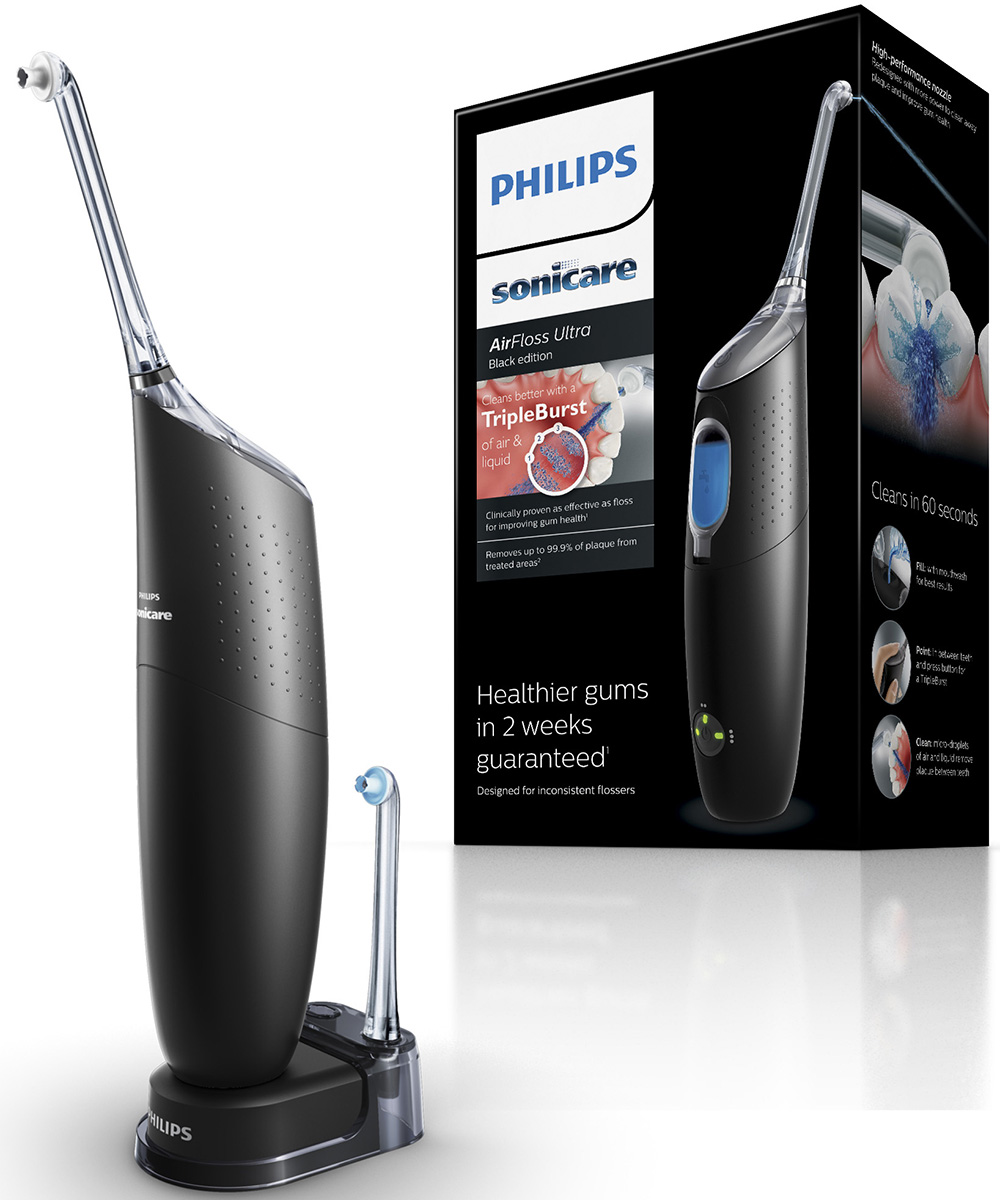 Philips Sonicare AirFloss Ultra HX8432/03 ирригатор для межзубных промежутковHX8432/03 Philips Sonicare AirFloss Ultra HX8432/03 ирригатор для межзубных промежутковHX8432/03Гарантировано: более здоровые десны уже через 2 недели. Если вы нерегулярно пользуетесь зубной нитью, то AirFloss Ultra - это простое решение для очищения межзубных промежутков. Прибор можно наполнить ополаскивателем для полости рта или водой. Клинически доказано, что AirFloss Ultra так же эффективен для здоровья десен, как и зубная нить. Удаляет до 99,9 % зубного налёта. AirFloss Ultra можно настроить в соответствии с вашими предпочтениями. ;Более 20 лет клинических исследований Sonicare.Philips Sonicare Airfloss Ultra до 8 раз* эффективнее удаляет налет в межзубных промежутках. Свыше 90% постоянных пользователей отметили уменьшение кровоточивости десен. Технология микроструи из мельчайших капель воды и потока воздуха помогает предотвратить развитие кариеса в межзубных промежутках. 3 режима: однократный, двойной или тройной микровыброс при каждом нажатии кнопки. В комплекте 2 насадки AirFloss Ultra, которая увеличивает мощность технологии использования мельчайших капель воды и потока воздуха, позволяя без труда добиться наилучших результатов. Подходит для использования при наличии пломб, коронок, брекетов и других ортодонтических конструкций. Комплексный уход за зубами и деснами помогает сохраниить красоту и здоровье ваших зубов. *Mwatha A, Olson M, Souza S, Ward M, Jenkins W, Amini P, Gallob J, Fafard T, 2017