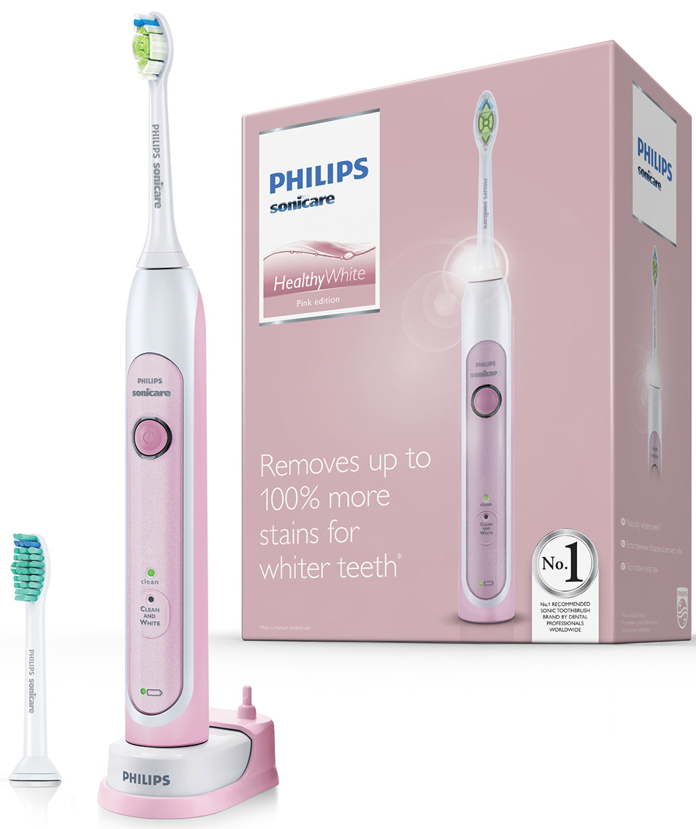 Philips Sonicare HealthyWhite HX6762/43 электрическая зубная щеткаHX6762/43 Philips Sonicare HealthyWhite HX6762/43 электрическая зубная щеткаHX6762/43Белоснежная улыбка нравится всем. Пусть ваши зубы сияют естественной белизной. Электрическая звуковая зубная щётка Philips Sonicare HealthyWhite удаляет зубной налёт всего за две недели при регулярном использовании режима Чистка + отбеливание. Деликатная и безопасная, прошла клинические испытания. Безопасно для ортодонтических скоб, пломб и виниров.;№1 бренд звуковых зубных щеток рекомендуемый стоматологами всего мира. На основании опроса более 4500 зубных врачей, Приоритиз Ресерч, 2012. Более 20 лет клинических исследований SonicareИрригационный эффект технологии Sonicare способствует более качественному удалению зубного налета из труднодоступных участков полости рта и вдоль линии десен. Удаляет до 2 раз больше налета по сравнению с обычной зубной щеткой. 2 режима - чистка, чистка и осветление. В комплекте 2 насадки: DiamondClean (жесткость средняя), ProResults (жесткость средняя). 2-минутный режим Clean (Чистка) обеспечивает эффективное удаление налета (время чистки, рекомендованное стоматологами). Режим White (Отбеливание) удаляет потемнения с поверхности эмали, отбеливает и полирует зубы. Борется с налетом от кофе, чая, табака и красного вина. Отбеливает зубы на 2 тона всего за две недели.Таймер с 30-секундным интервалом сообщает об окончании чистки каждого квадранта полости рта и подает сигнал для перехода к следующему, в результате чего чистка выполняется более тщательно. Электрическую зубную щетку Philips Sonicare можно безопасно использовать для чистки ортодонтических конструкций (в этом случае чистящая насадка изнашивается быстрее), конструкций для реставрации зубов (пломб, коронок, виниров) и зубодесневых карманов.