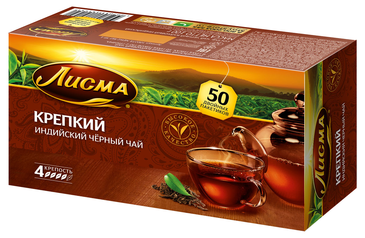 Лисма Крепкий черный чай в пакетиках, 50 шт201945 Лисма Крепкий черный чай в пакетиках, 50 шт201945Лисма Крепкий - индийский черный байховый чай в пакетиках. Коробка содержит 50 пакетиков по 2 грамма.Уважаемые клиенты! Обращаем ваше внимание на то, что упаковка может иметь несколько видов дизайна. Поставка осуществляется в зависимости от наличия на складе.