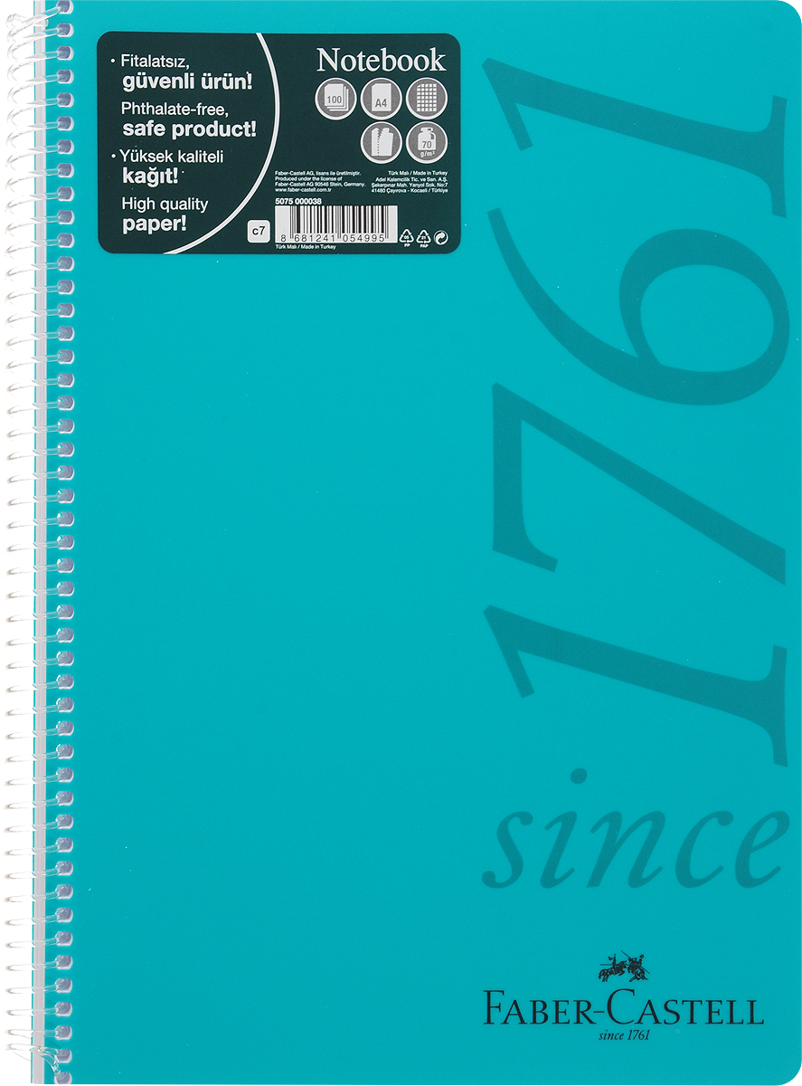 Faber-Castell Блокнот Since 1761 100 листов в клетку цвет зеленый507038_зеленый Faber-Castell Блокнот Since 1761 100 листов в клетку цвет зеленый507038_зеленыйОригинальный блокнот Faber-Castell Since 1761 в твердой пластиковой обложке подойдет для памятных записей, любимых стихов и многого другого.Внутренний блок состоит из 100 листов в линейку. Блокнот скреплен спиралью. Такой блокнот станет вашим верным помощником, а также отличным подарком для в близких и друзей.
