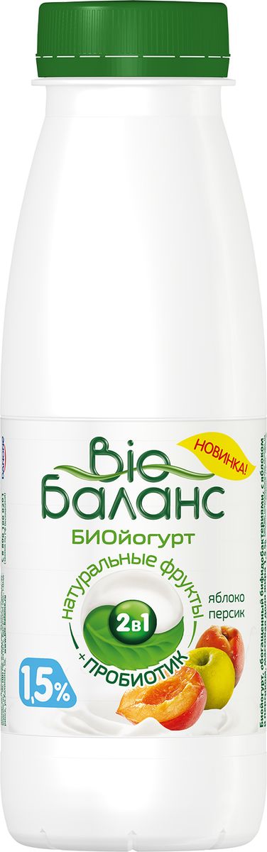 Био-Баланс Биойогурт Яблоко Персик 1,5%, 330 г биойогурт bio баланс злаки 1 5%