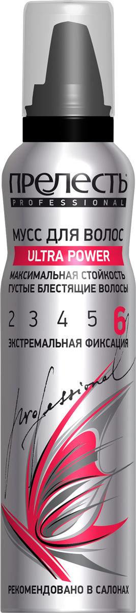 Прелесть Professional Мусс для волос Ultra Power экстремальной фиксации, 160 млУТ000053629 Прелесть Professional Мусс для волос Ultra Power экстремальной фиксации, 160 млУТ000053629Прелесть Professional Ultra Power обеспечивает экстремальную фиксацию на 24 часа. Подходит для волос азиатского типа и создания сложных причесок. Описание мусса для волос Эффективно и надежно фиксирует и защищает укладку даже в условиях повышенной влажности. Укрепляет и предотвращает ломкость волос. Придает волосам блеск и дополнительный объем. Быстро высыхает, не склеивает волосы. Снимает статическое электричество, легко удаляется расческой, не оставляет следов. Защищает от пересушивания и от UV-лучей. Обладает нейтральным ароматом.