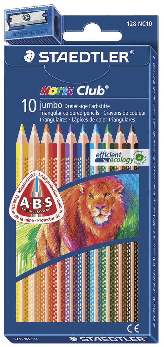 Staedtler Набор цветных карандашей Noris Club 127 10 цветов181204 Staedtler Набор цветных карандашей Noris Club 127 10 цветов181204Карандаши цветные. Трехгранные. 10 карандашей, 10 цветов. В наборе также точилка. Белое защитное кольцо повышает ударопрочность грифеля. Грифель не ломается и не крошится при заточке. Корпус из сертифицированной особопрочной древесины. Яркие насыщенные цвета. Заточенные. Сделано в Германии. Упаковка: блистер.
